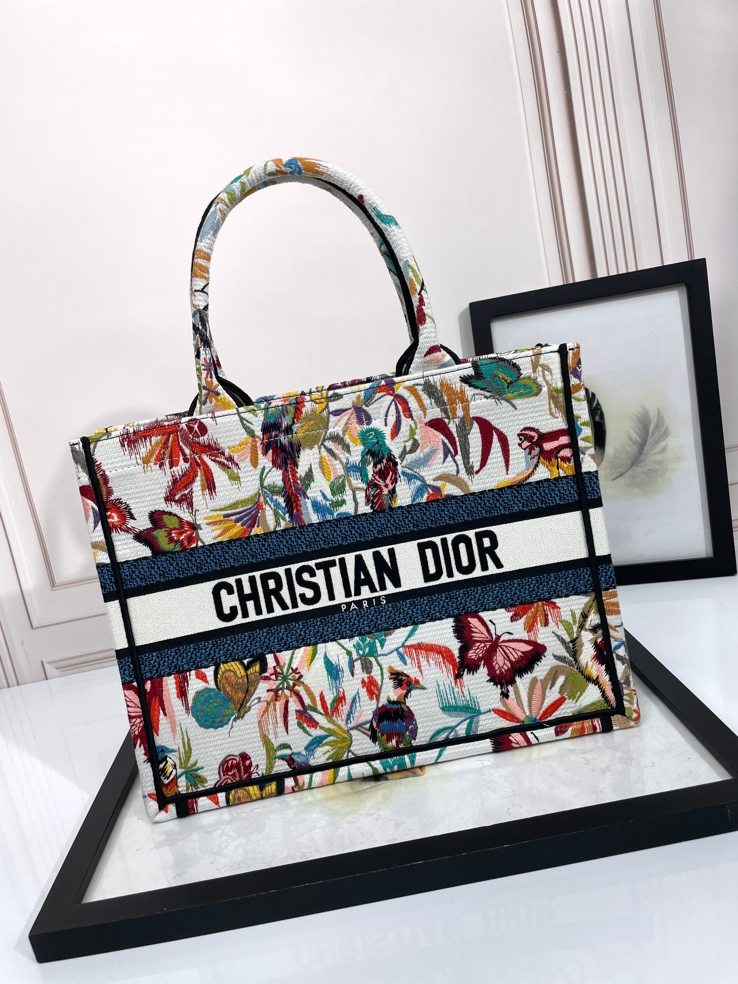 Dior Embroidered Floral Butterfly Canvas Tote Bag with Top Handles