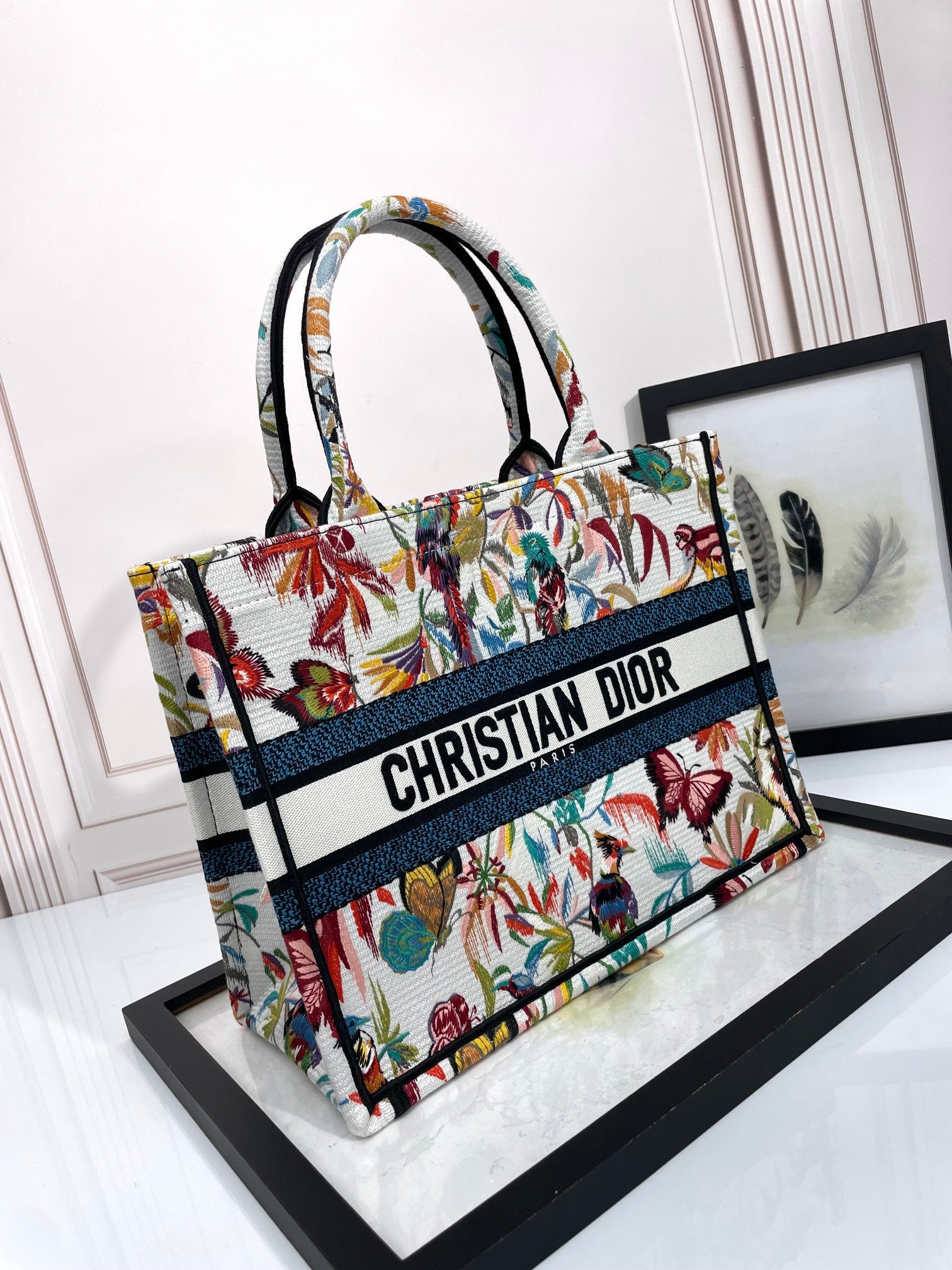 Dior Colorful Embroidered Floral Butterfly Canvas Tote Bag for Women