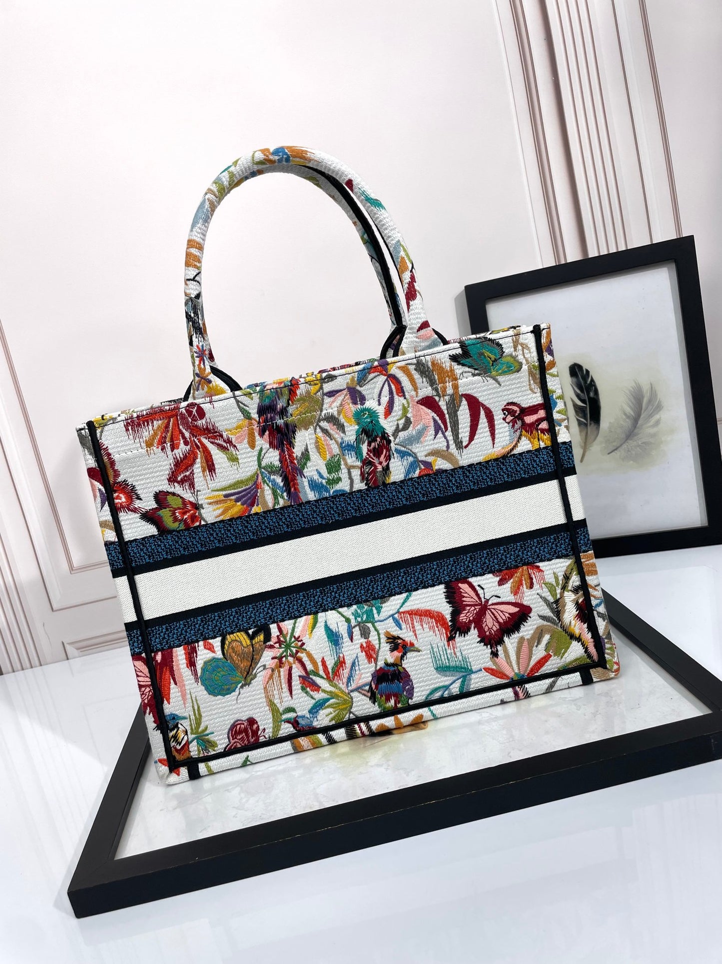 Dior Colorful Embroidered Floral Butterfly Canvas Tote Bag for Women