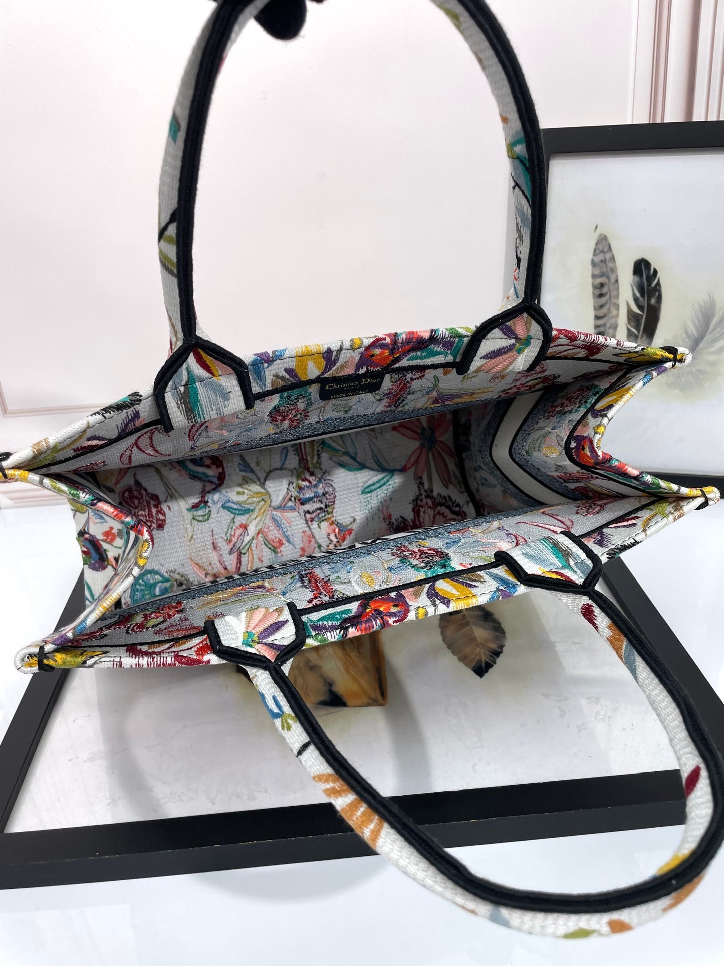 Dior Embroidered Floral Butterfly Canvas Tote Bag with Top Handles