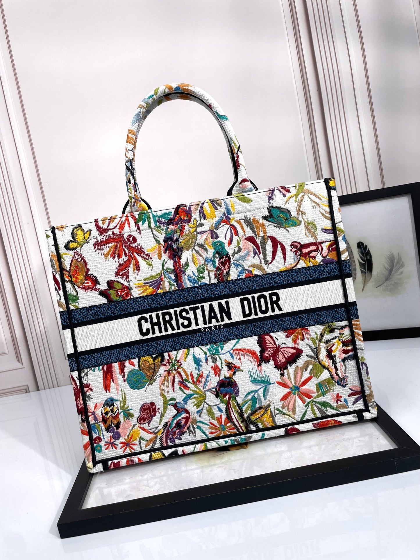 Christian Dior Book Tote Multicolor Butterfly Floral Embroidery Canvas Bag