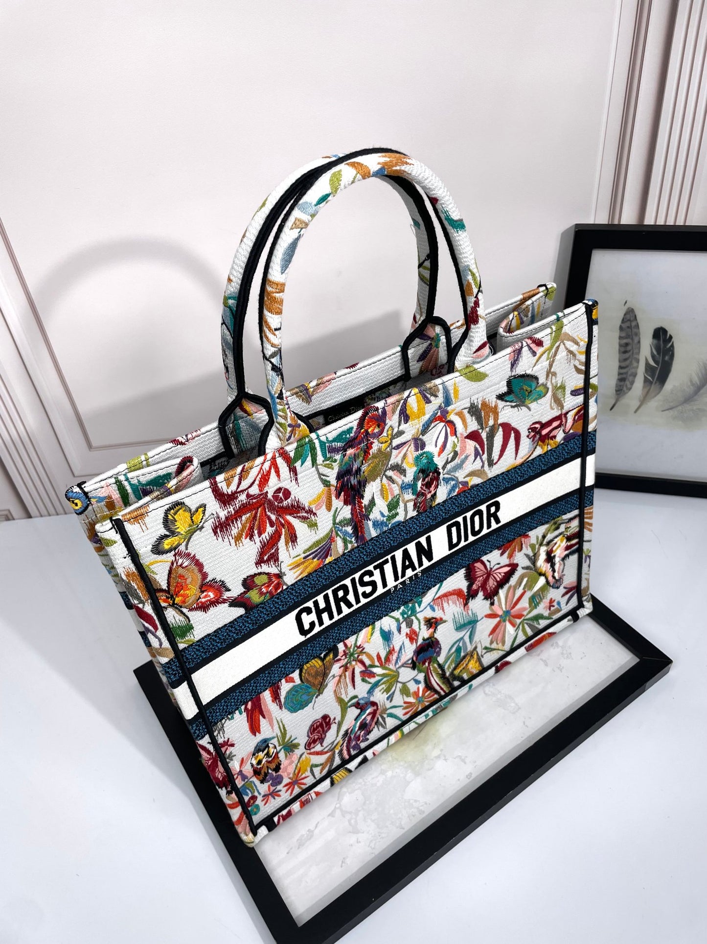 Christian Dior Book Tote Multicolor Butterfly Floral Embroidery Canvas Bag