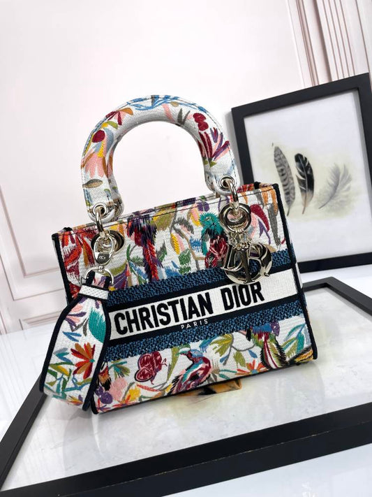 Christian Dior Lady D-Lite Bag Embroidered Floral Bird Pattern White Multicolor