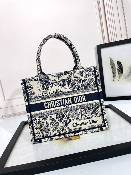 Christian Dior Medium Book Tote Bag - Black and White Plan de Paris Embroidery