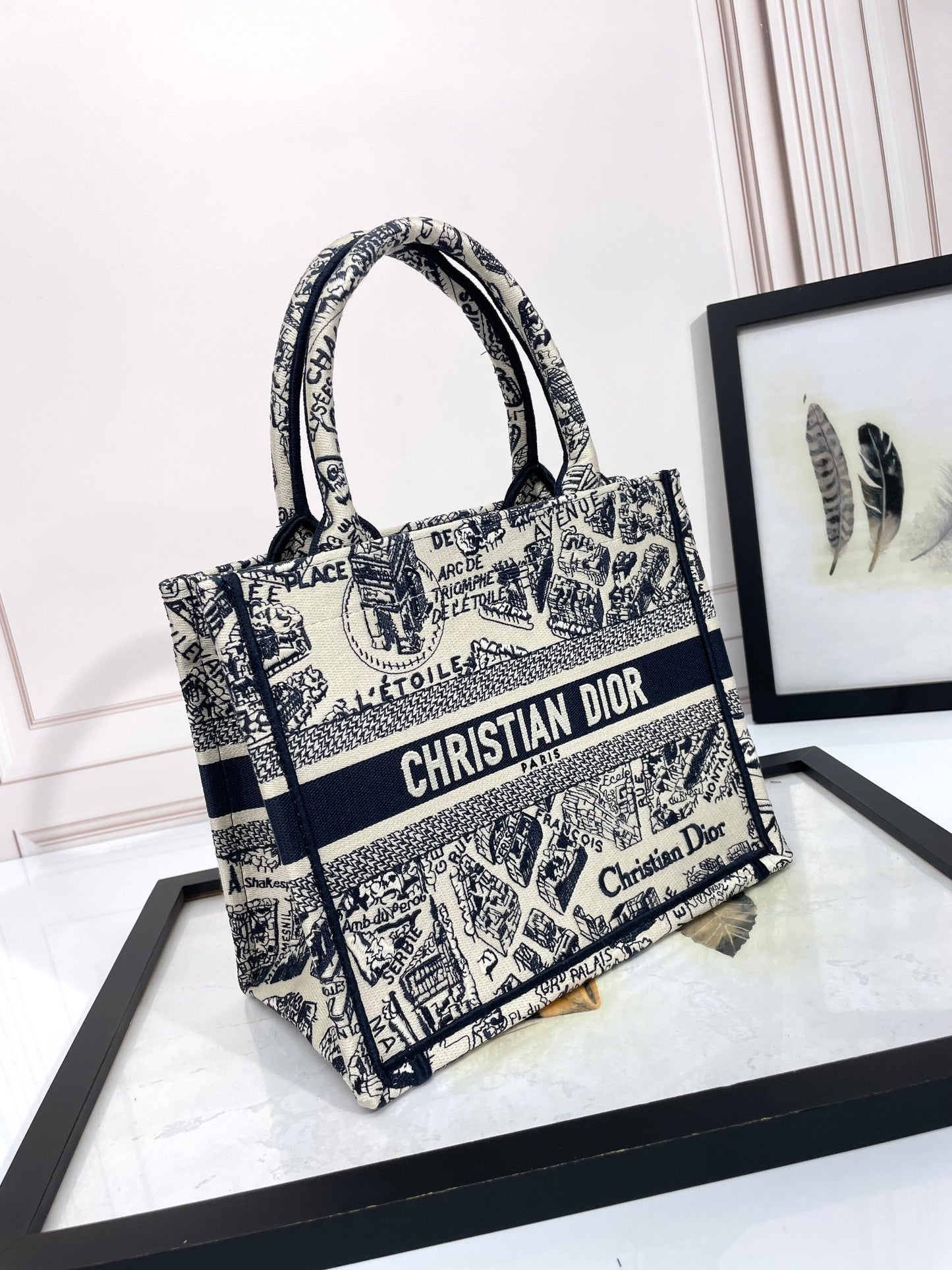 Dior Vintage Toile Map Pattern Canvas Top Handle Tote Handbag