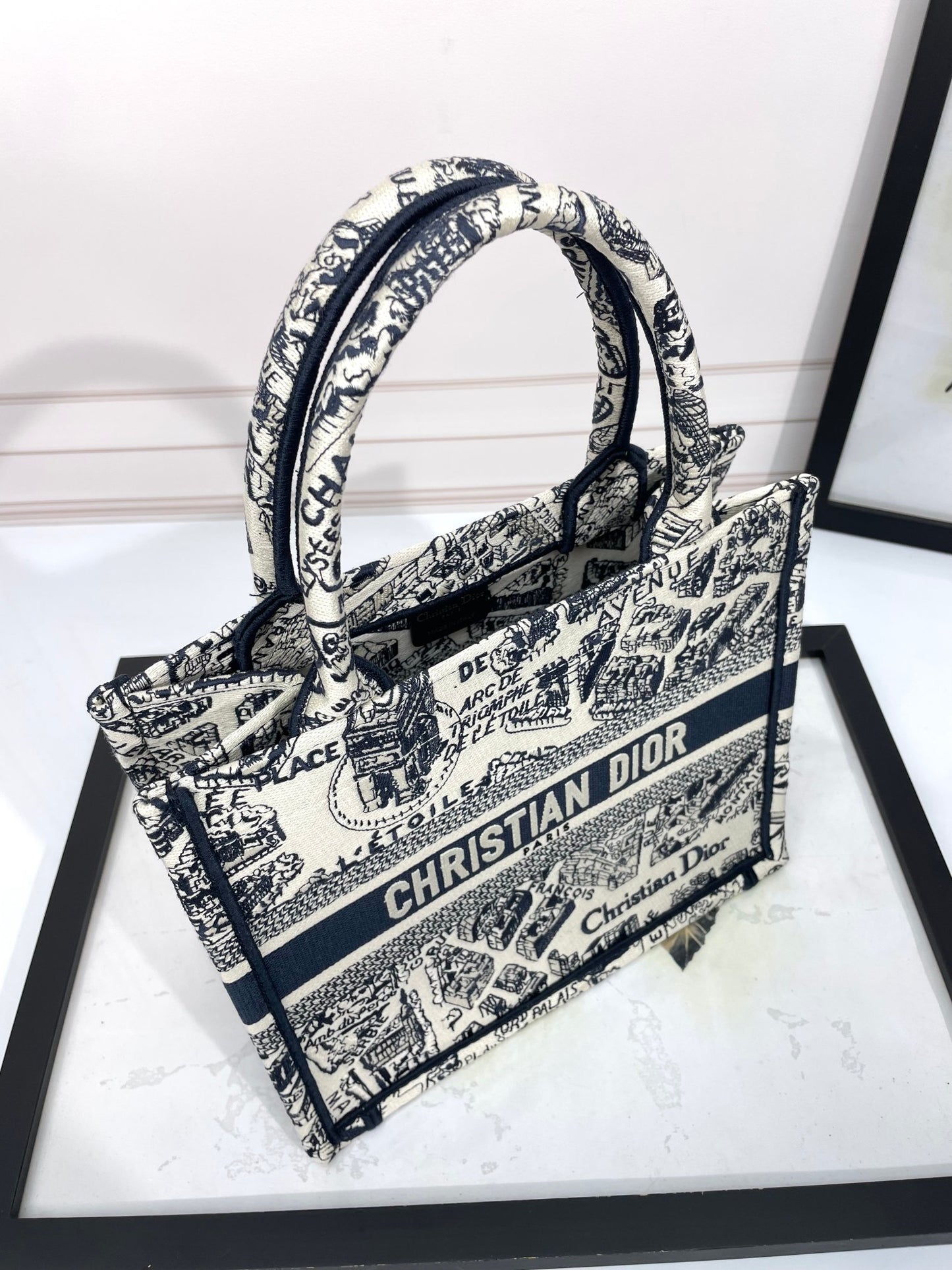 Dior Vintage Toile Map Pattern Canvas Top Handle Tote Handbag