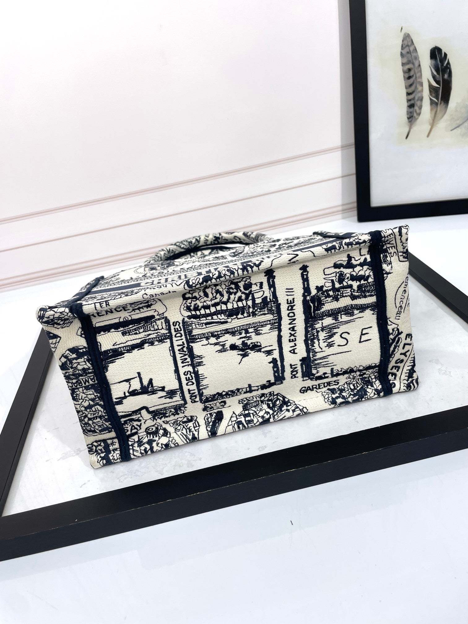 Dior Chic Vintage Black and White Map Print Canvas Tote Handbag