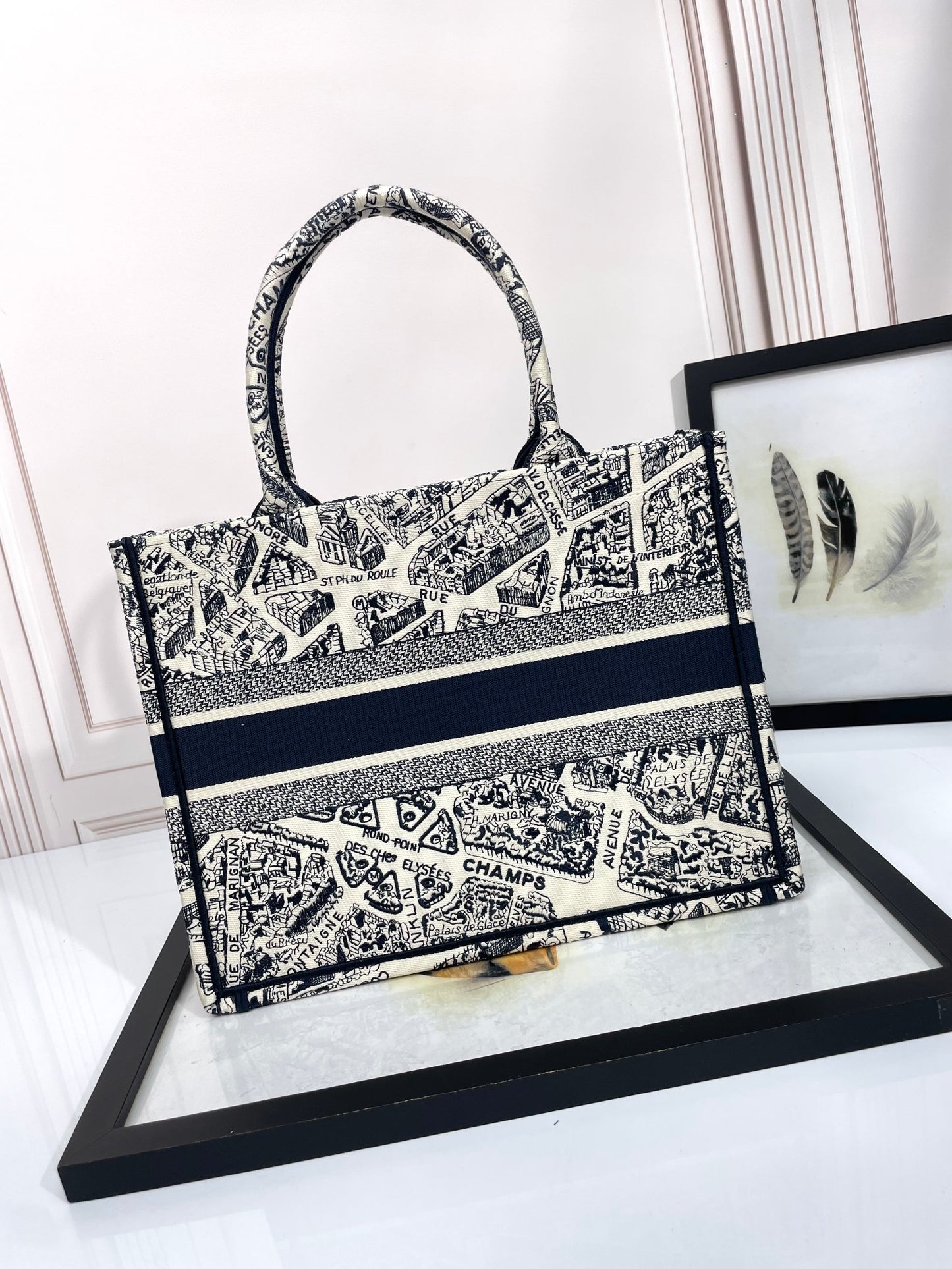 Dior Vintage Map Print Embroidered Canvas Tote Bag with Top Handles