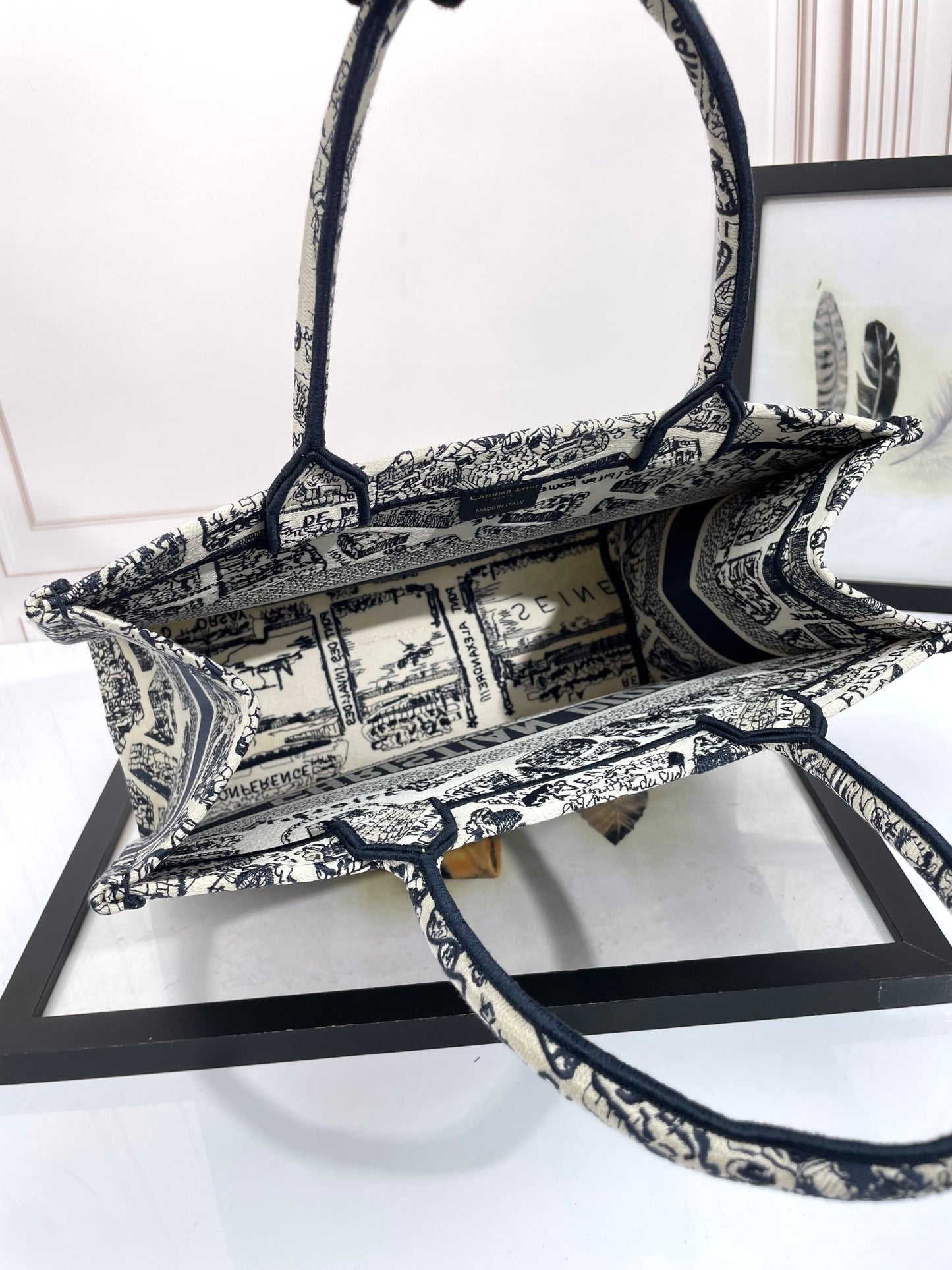 Dior Monochrome Map Pattern Large Canvas Tote Bag with Handles