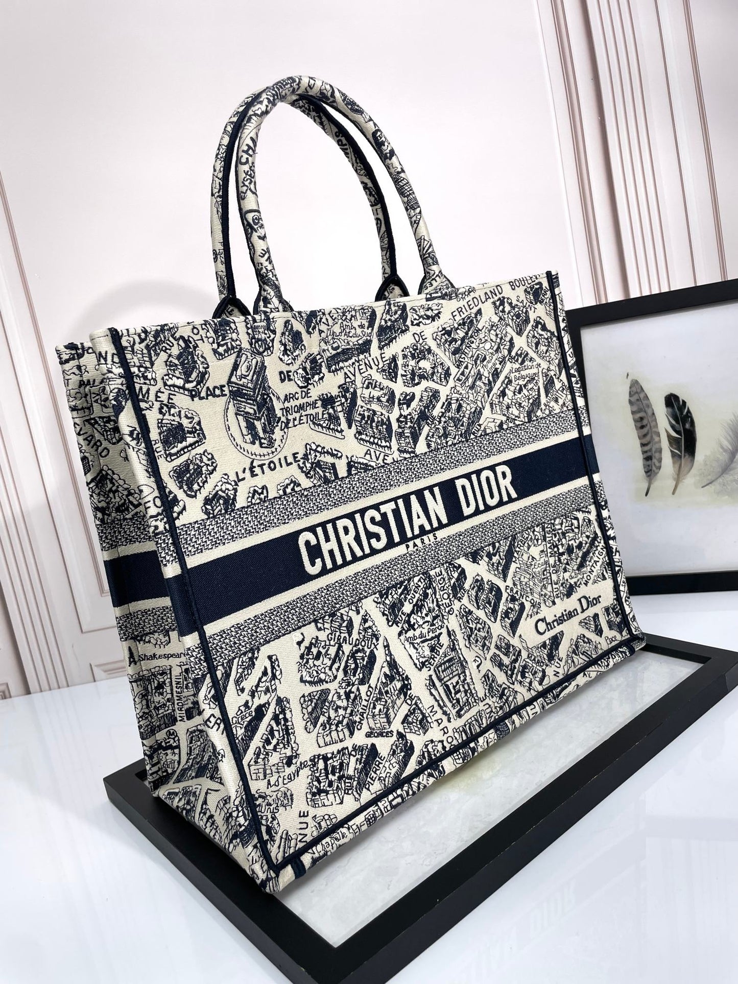 Dior Paris City Map Embroidered Canvas Tote Bag Large Travel Handbag
