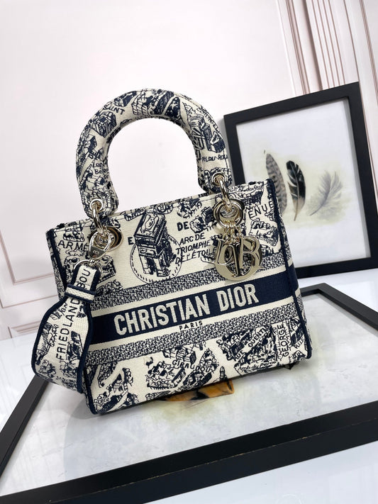 Dior Black and White Toile Print Canvas Top Handle Shoulder Bag