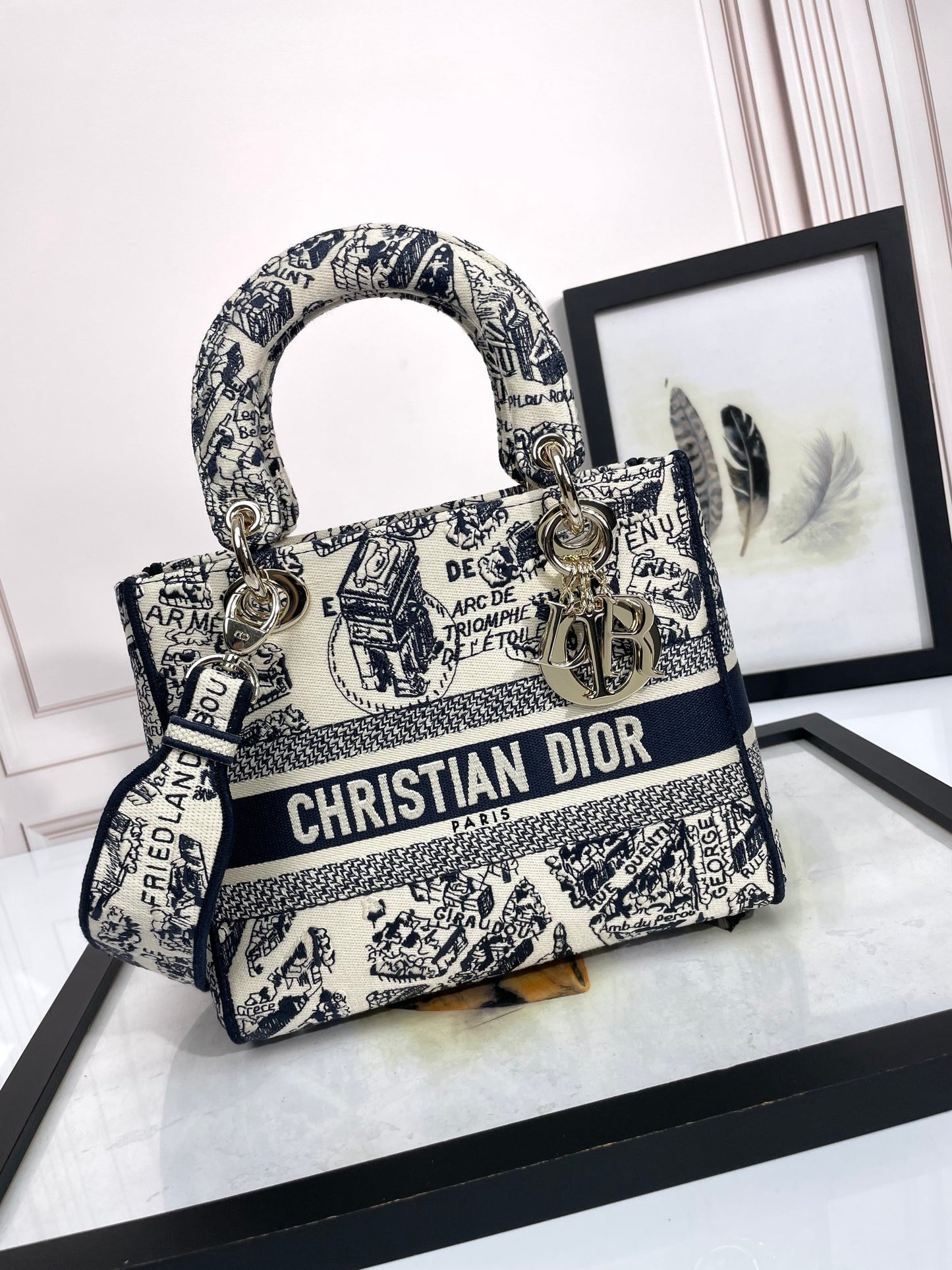 Dior Black and White Embroidered Canvas Handbag with Shoulder Strap