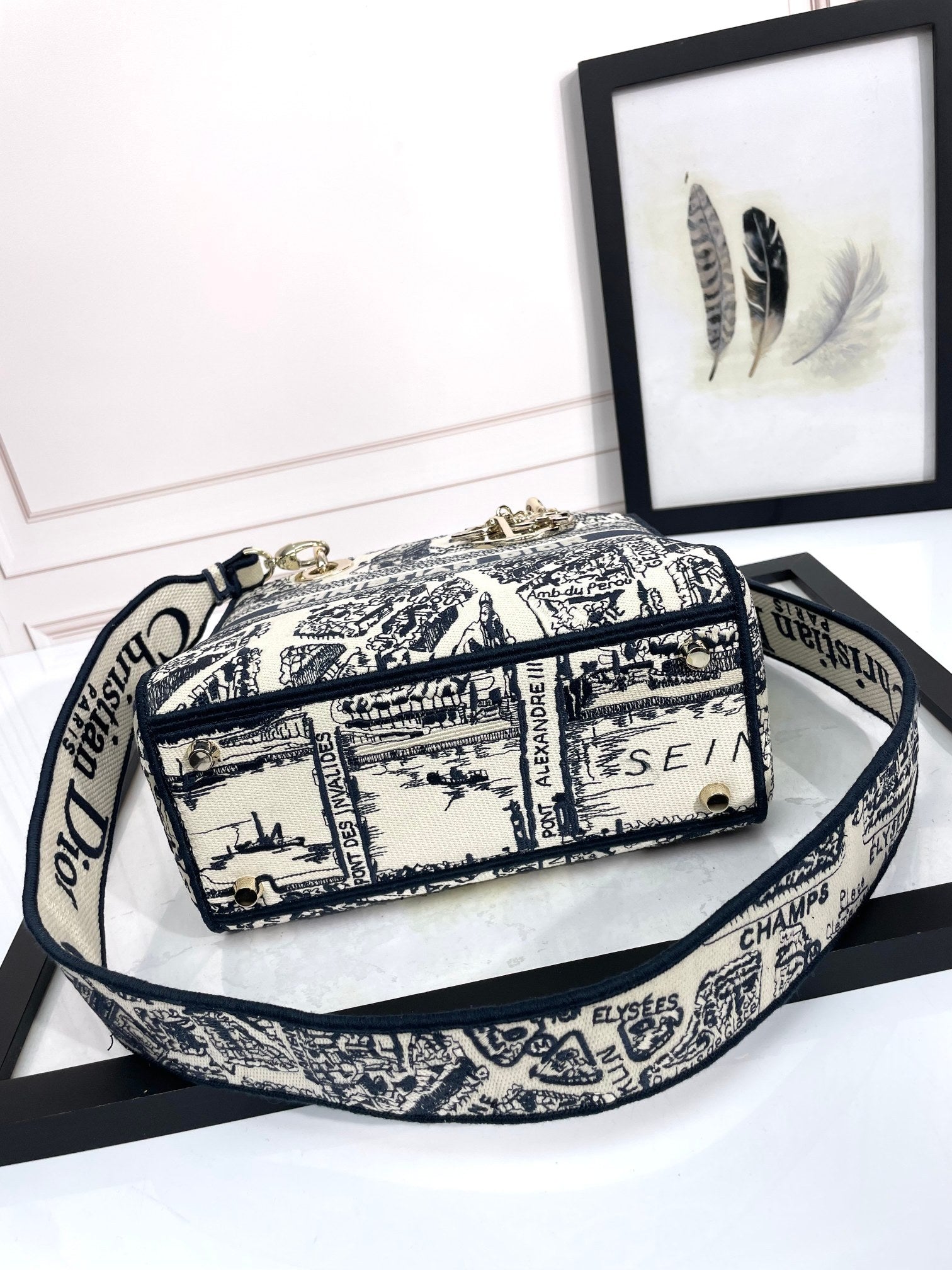 Dior Black and White Embroidered Canvas Handbag with Shoulder Strap