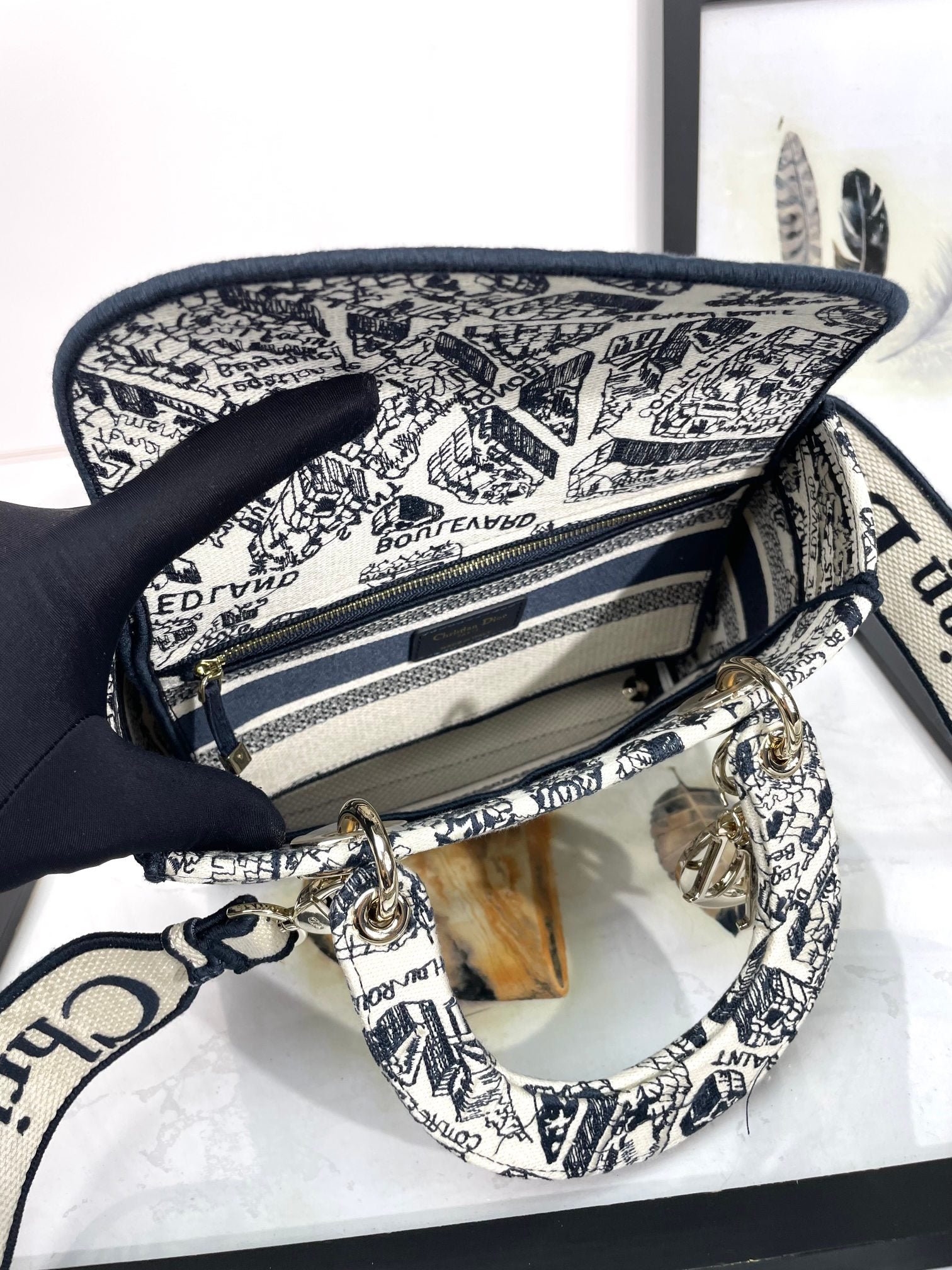 Dior Black and White Embroidered Canvas Handbag with Shoulder Strap