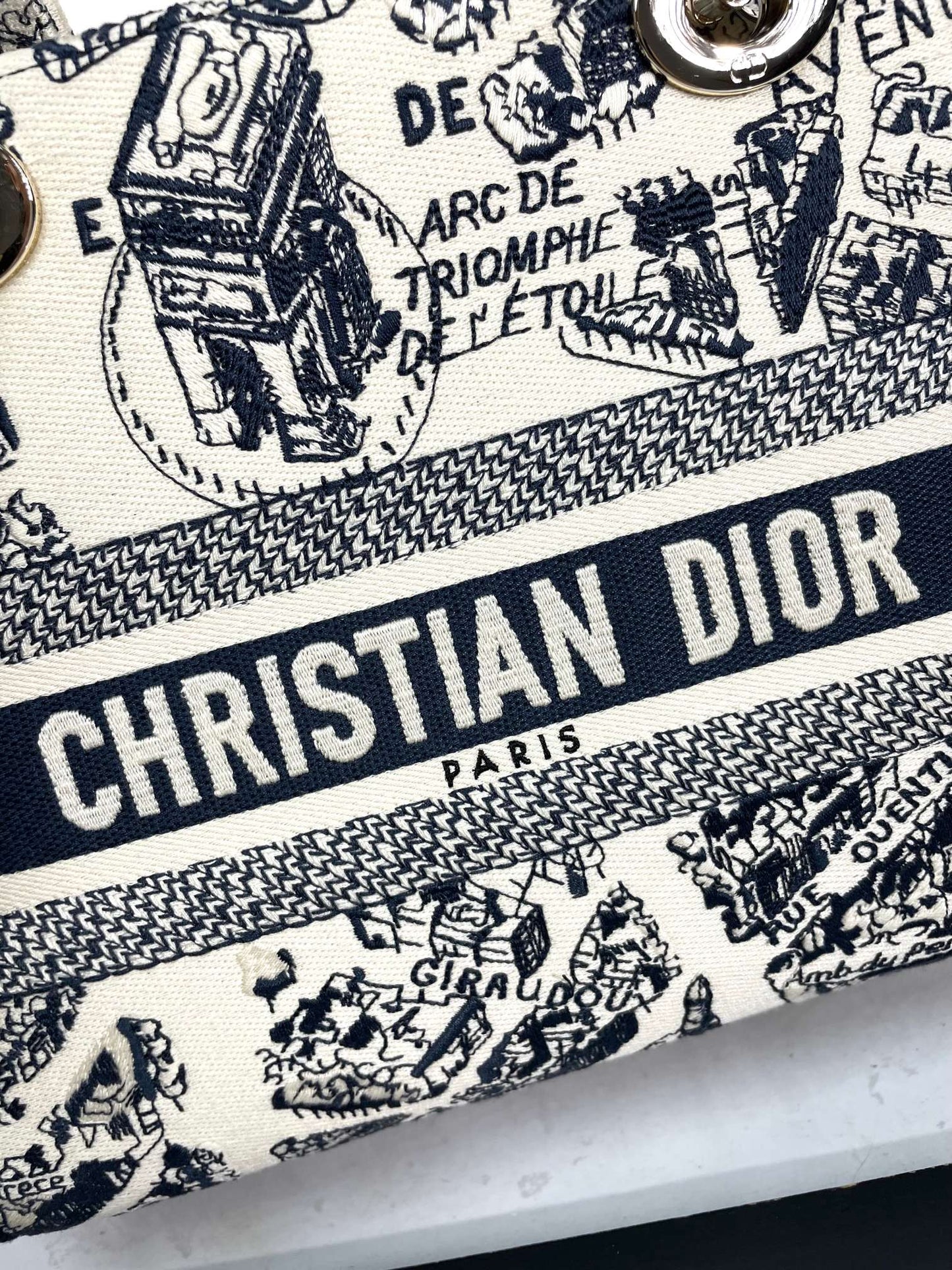 Dior Embroidered Toile Tapestry Canvas Top Handle Bag with Strap