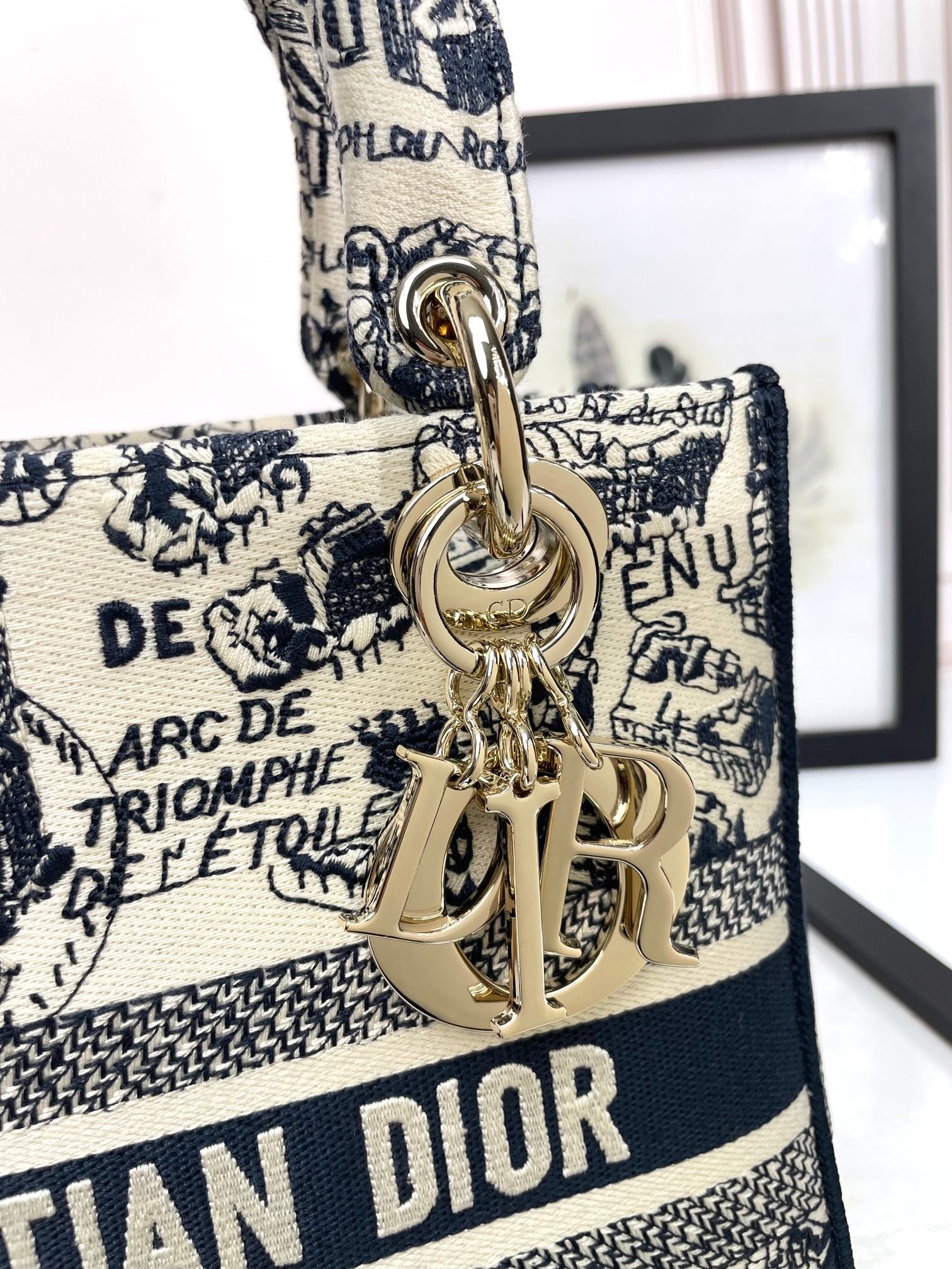 Dior Black and White Toile Print Canvas Top Handle Shoulder Bag