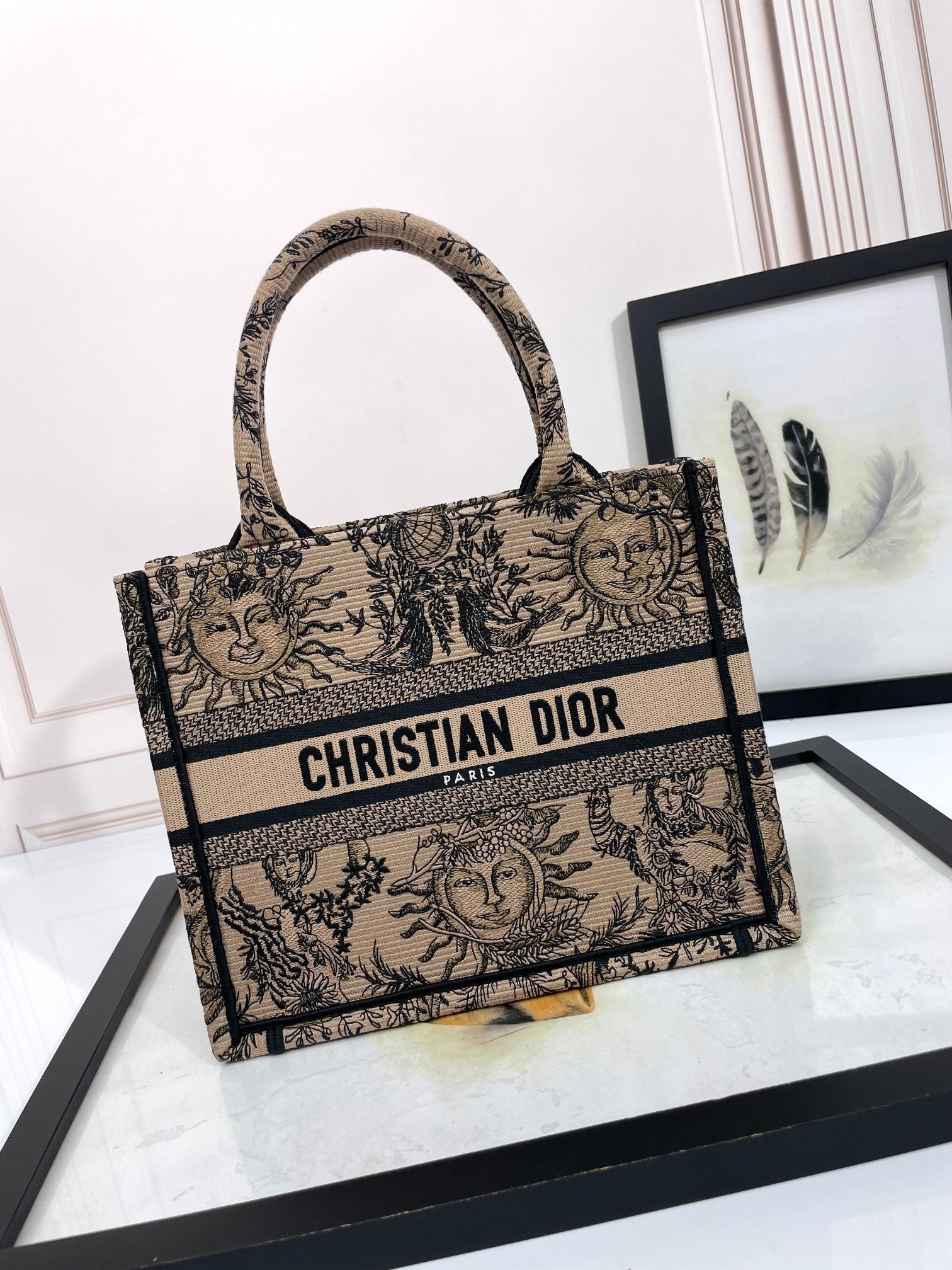 Dior Beige Vintage Celestial Sun Embroidered Canvas Tote Bag