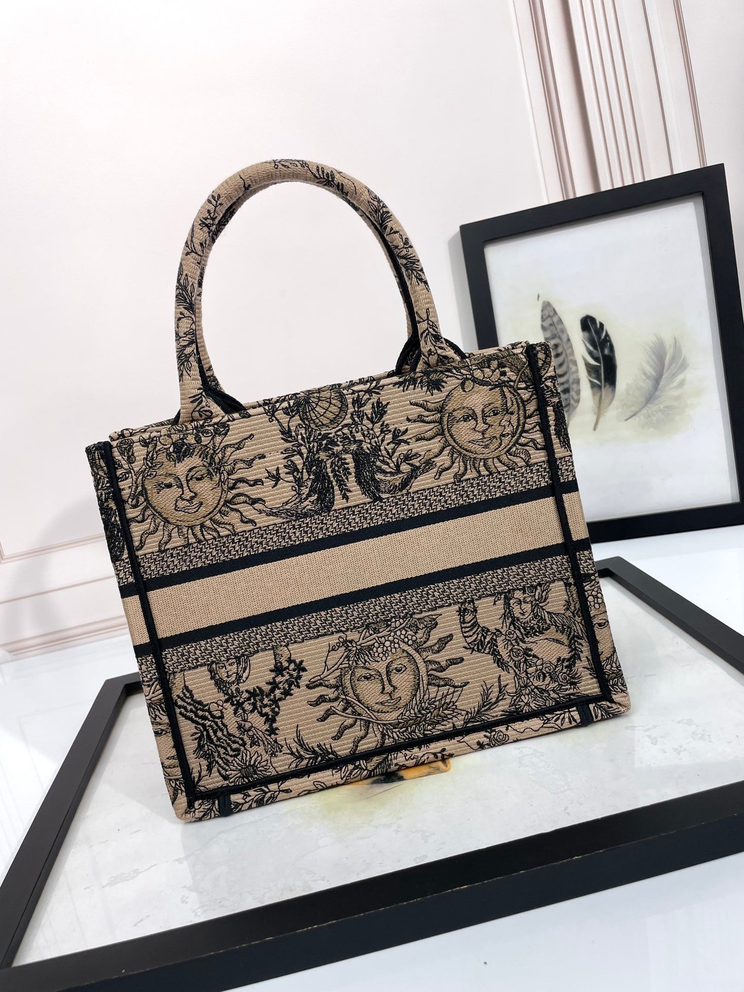 Dior Beige Vintage Celestial Sun Embroidered Canvas Tote Bag