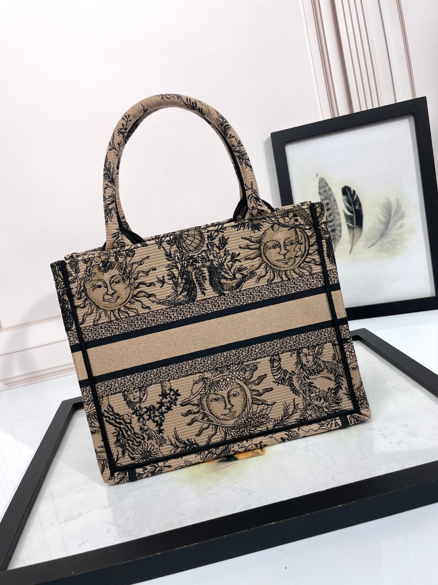 Dior Vintage Sun Face Print Canvas Tote Bag Beige Top Handle Handbag