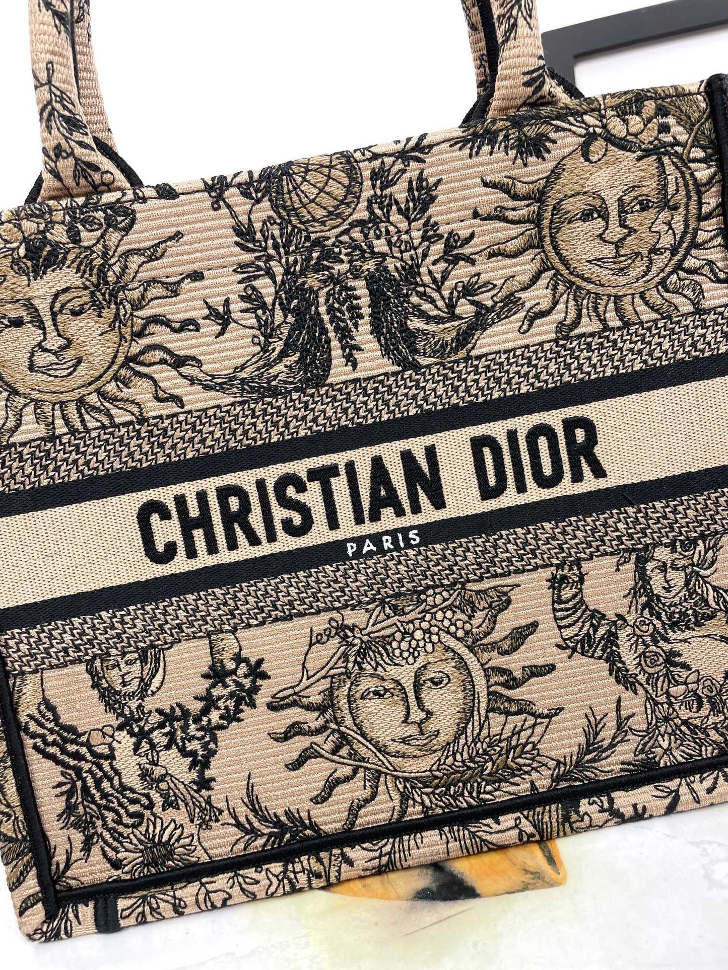 Dior Vintage Sun Face Print Canvas Tote Bag Beige Top Handle Handbag