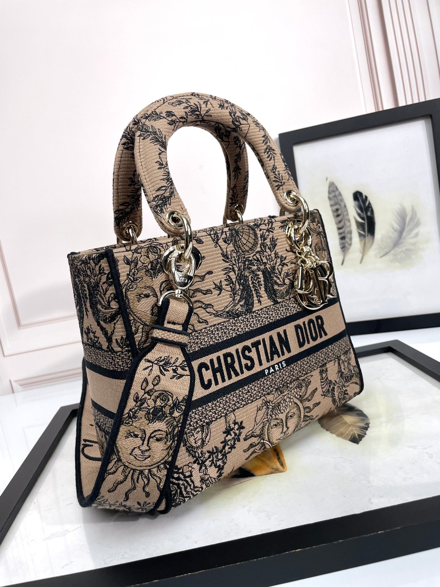 Christian Dior Medium Lady D-Lite Bag Embroidered Sun Motif Beige &amp; Black Canvas