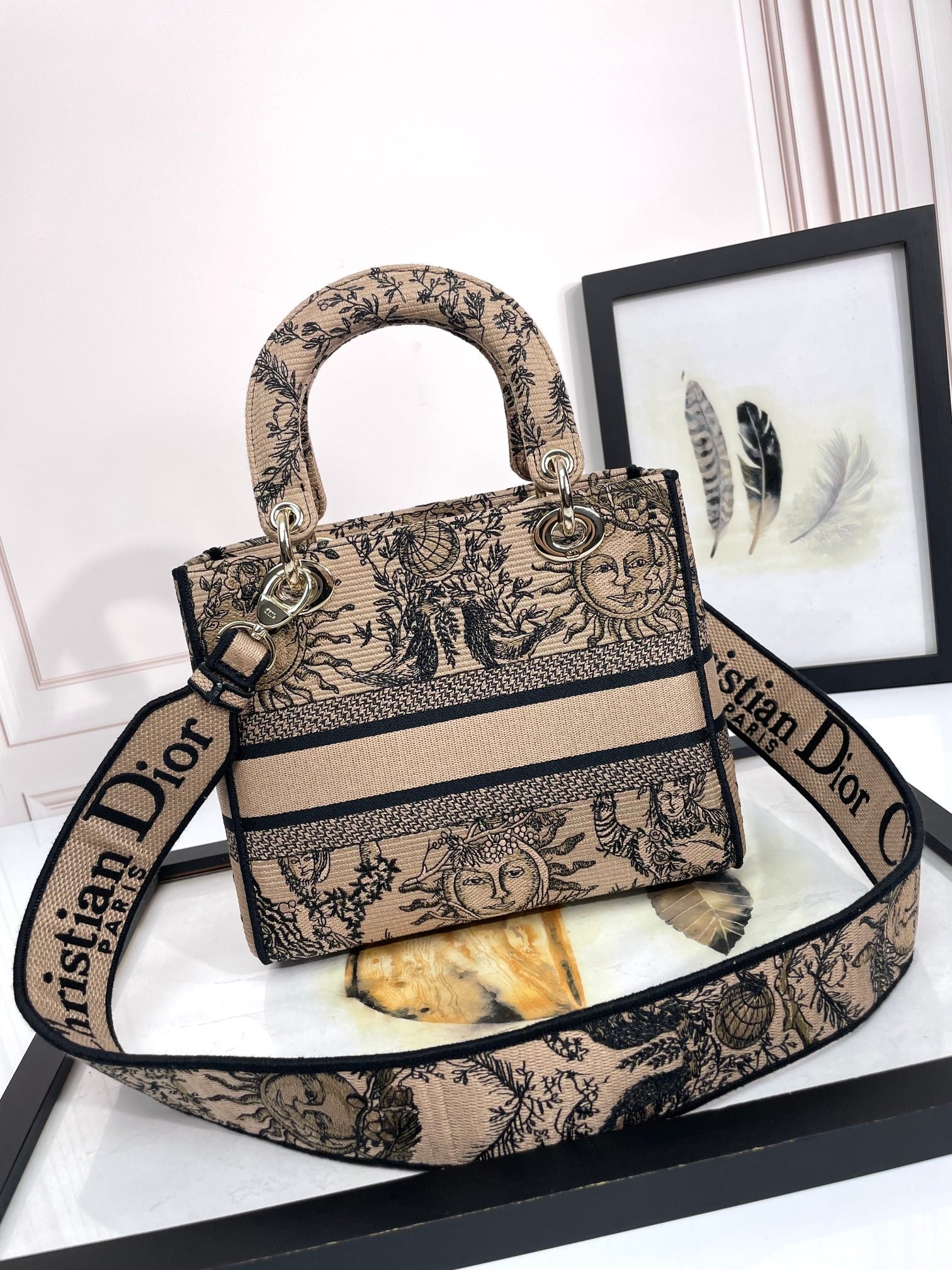 Christian Dior Medium Lady D-Lite Bag Embroidered Sun Motif Beige &amp; Black Canvas