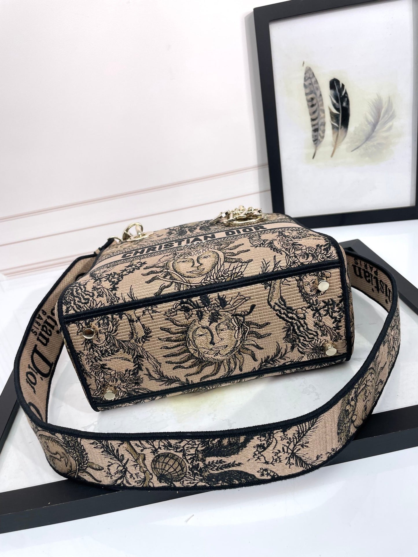 Christian Dior Medium Lady D-Lite Bag Embroidered Sun Motif Beige &amp; Black Canvas