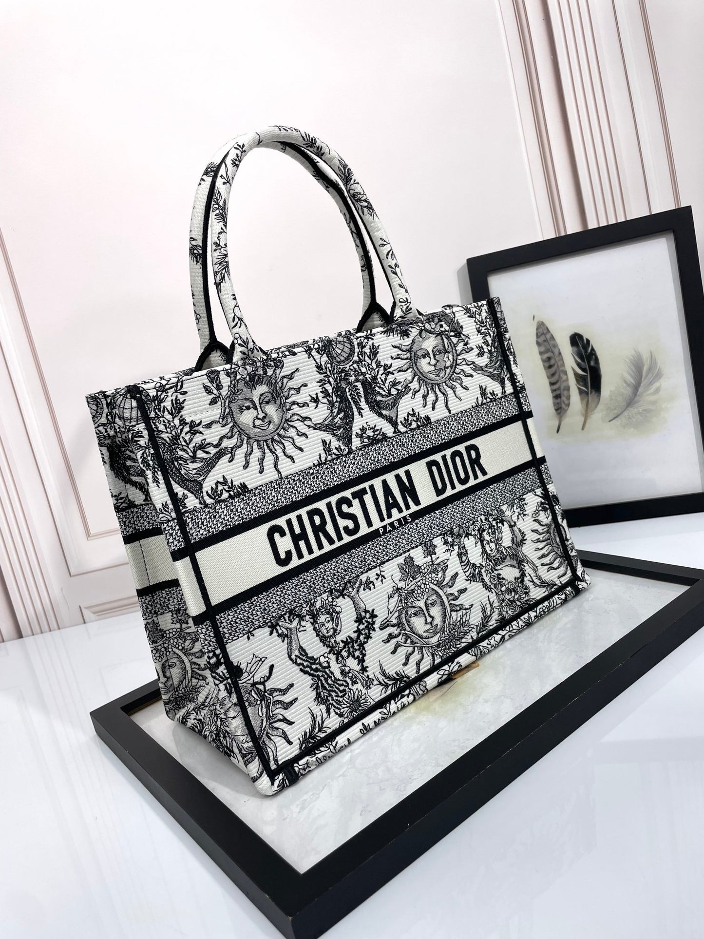 Christian Dior Medium Dior Book Tote - White and Black Zodiac Embroidery