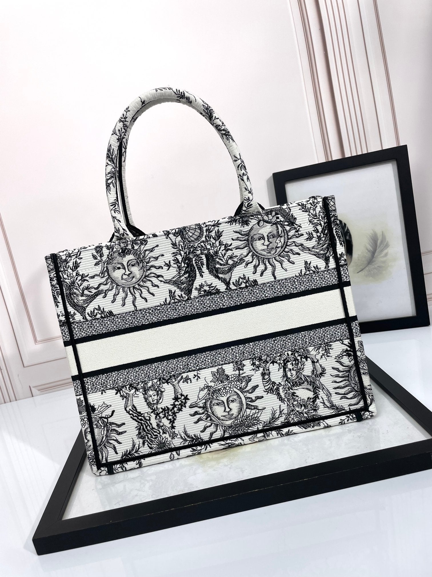 Dior Black and White Celestial Sun Embroidered Canvas Tote Bag