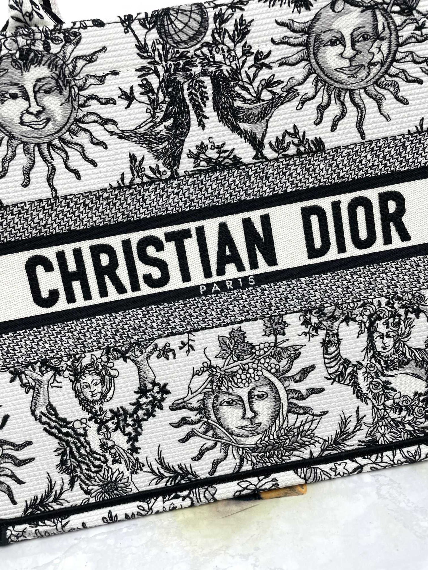 Christian Dior Medium Book Tote Bag - Black and White Sun Embroidered Canvas