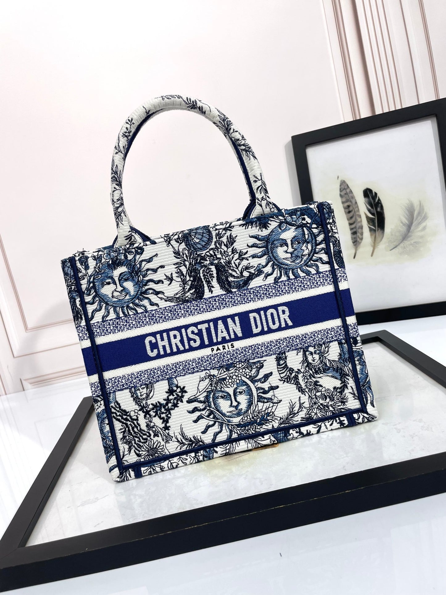 Dior Blue Celestial Sun Embroidered Canvas Tote Handbag