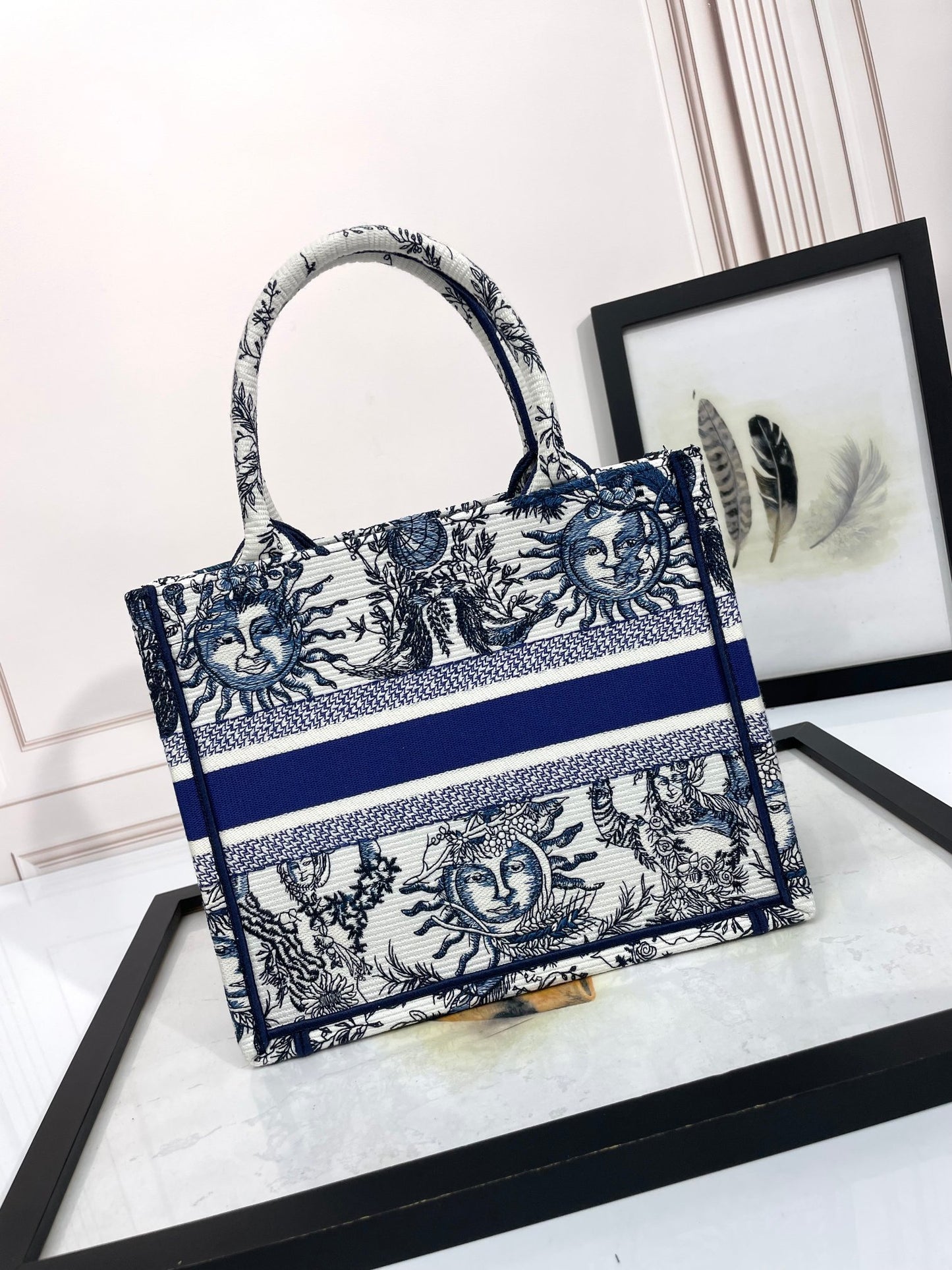 Christian Dior Small Book Tote with Blue and White Sun Motif
