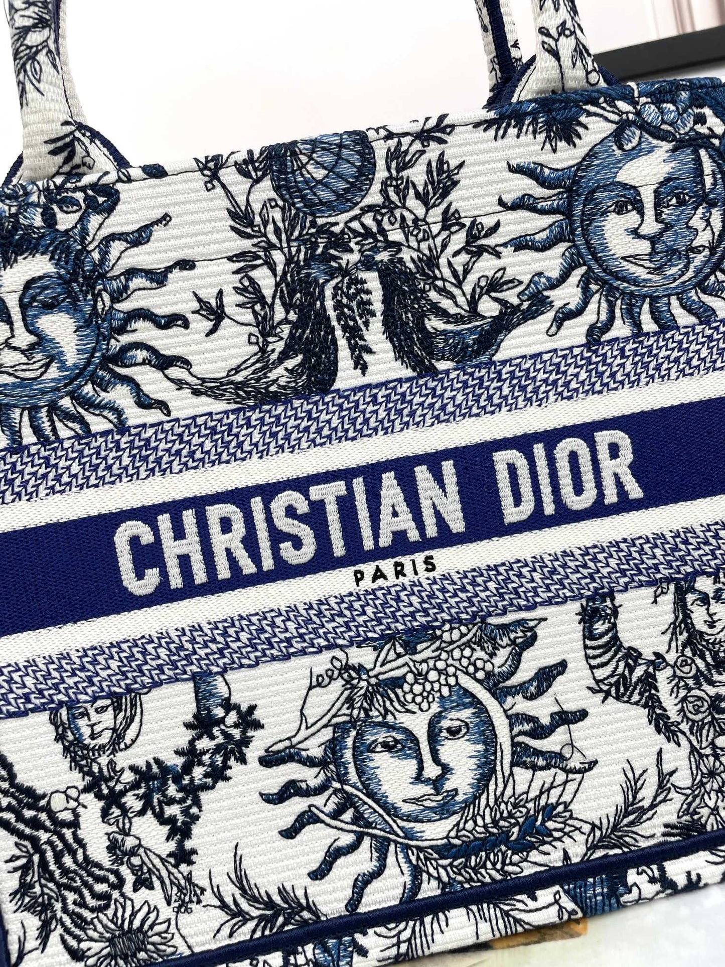 Dior Blue Celestial Sun Embroidered Canvas Tote Handbag
