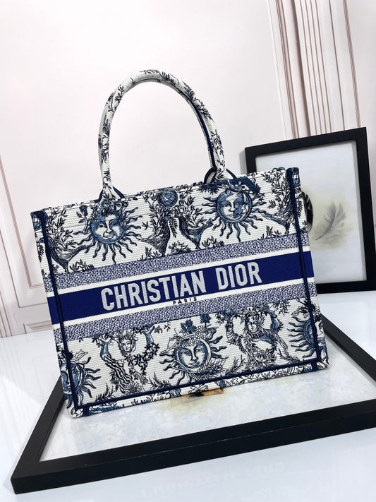 Christian Dior Medium Book Tote Bag with Blue Sun Embroidery