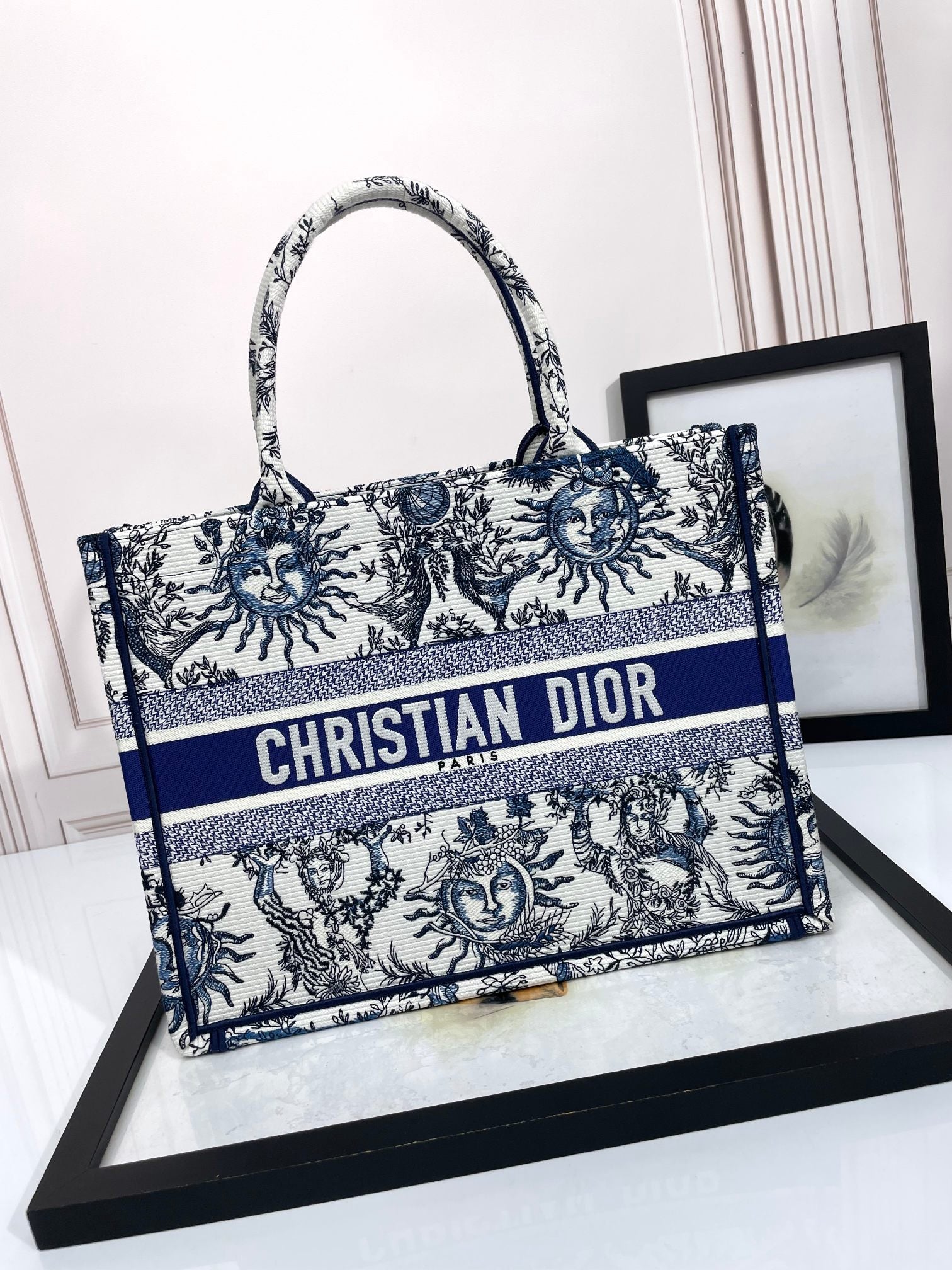 Dior Blue Celestial Sun Embroidered Canvas Top Handle Tote Bag