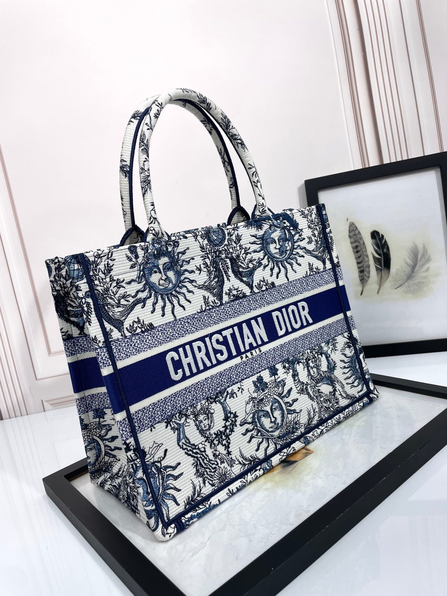 Dior Blue and White Celestial Sun Embroidered Canvas Tote Bag