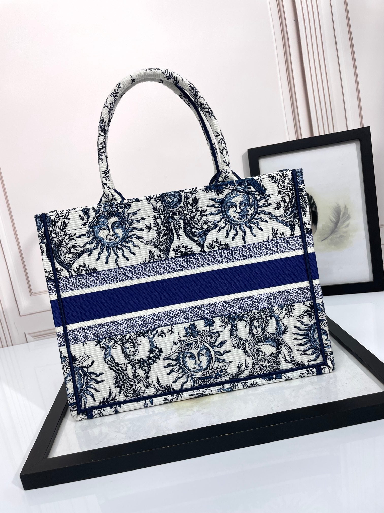Dior Blue and White Celestial Sun Embroidered Canvas Tote Bag