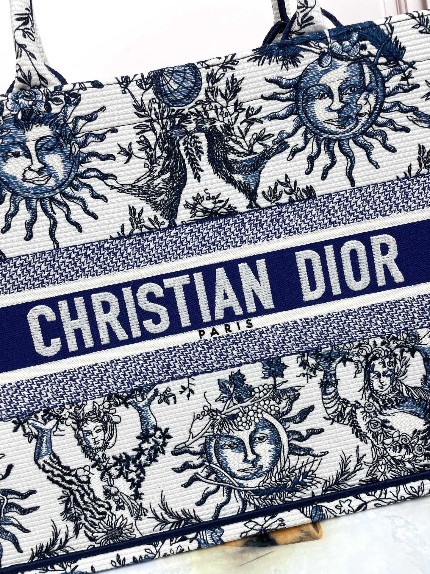 Dior Blue and White Celestial Sun Embroidered Canvas Tote Bag