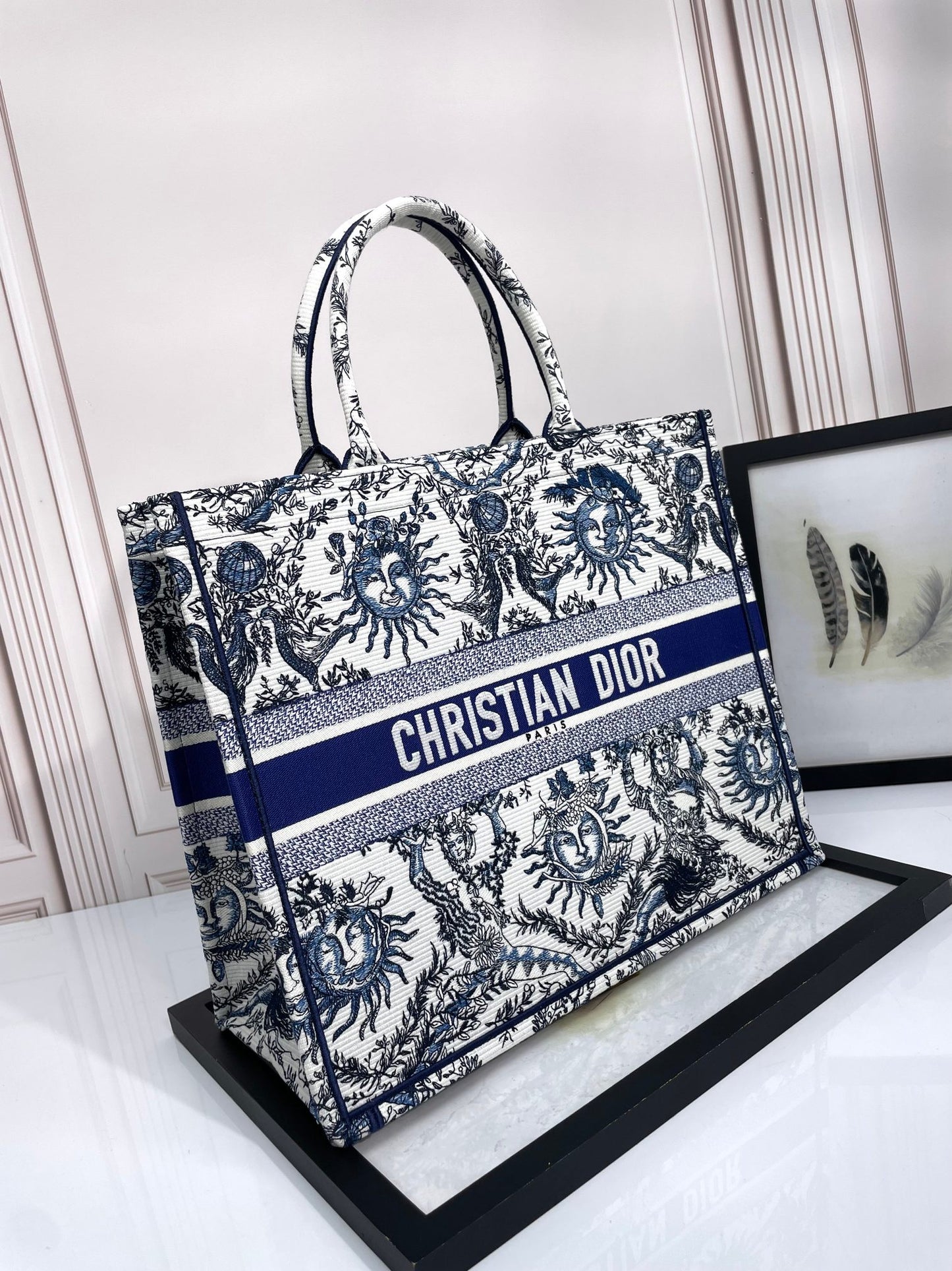 Dior Vintage Blue and White Celestial Sun Print Canvas Tote Handbag
