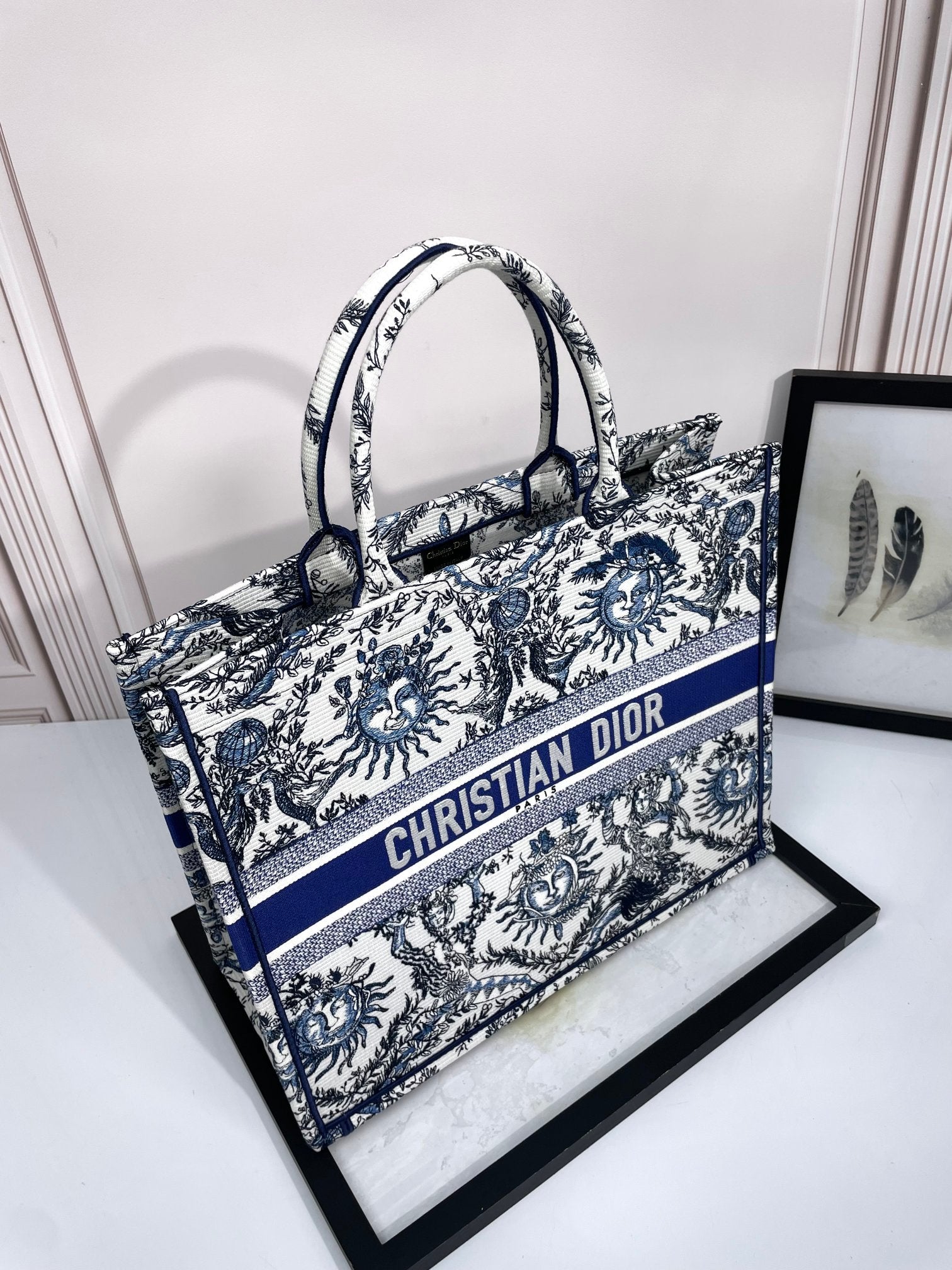 Dior Vintage Blue and White Celestial Sun Print Canvas Tote Handbag