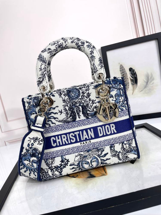 Christian Dior Medium Lady D-Lite Bag - Blue & White Toile de Jouy Zodiac Embroidery