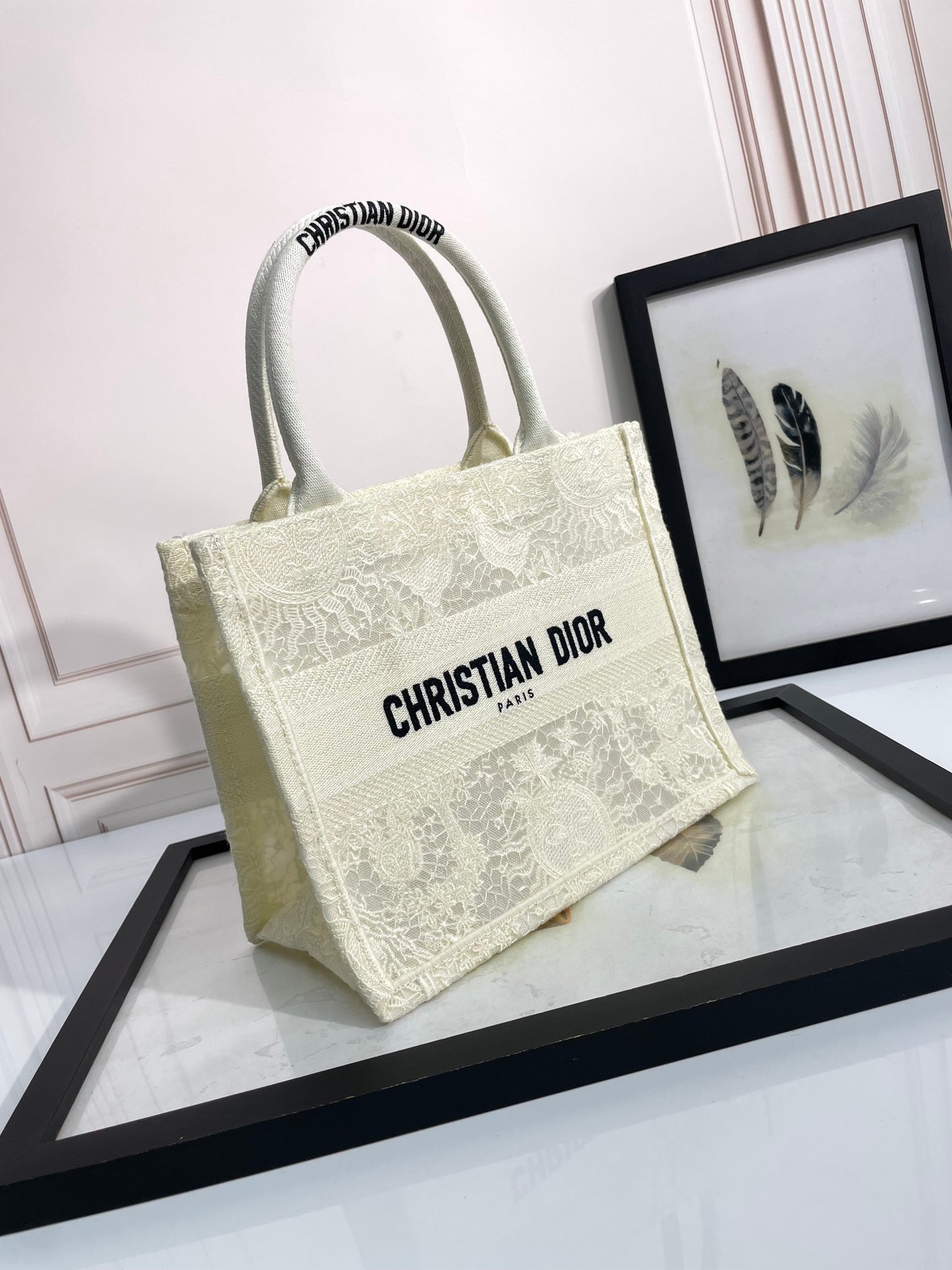 Dior Cream Floral Embroidered Canvas Tote Bag with Top Handles