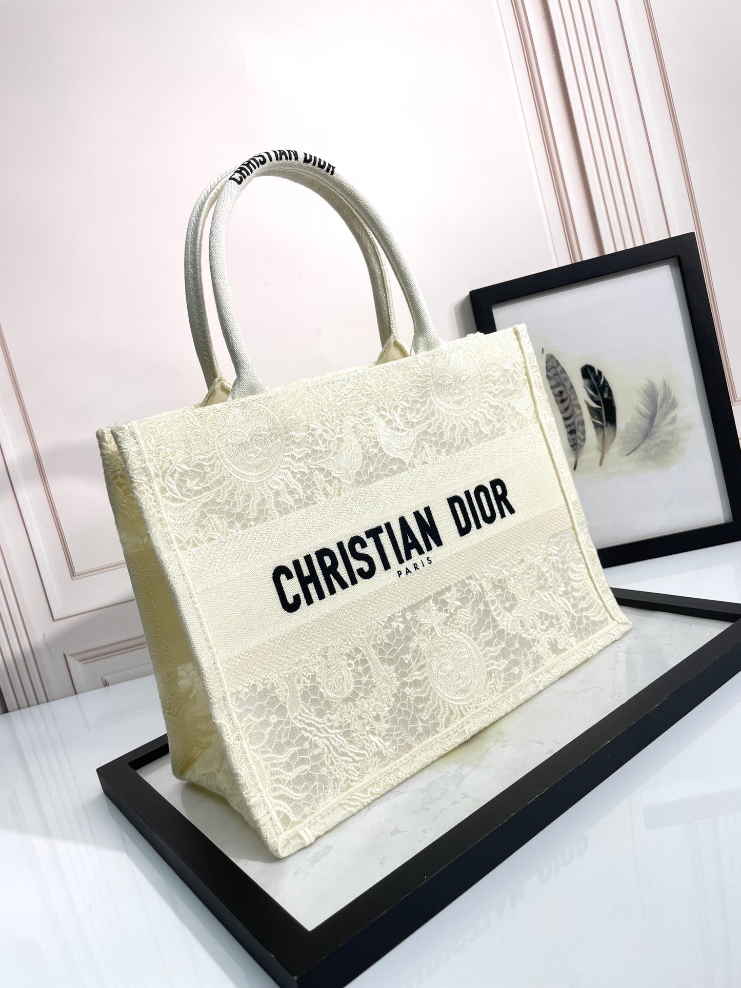 Dior Structured Cream Floral Embroidered Canvas Tote Bag