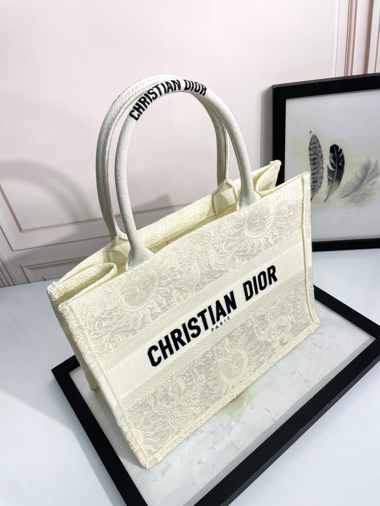 Dior Structured Cream Floral Embroidered Canvas Tote Bag