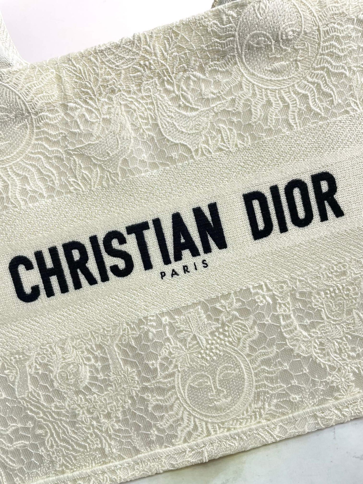 Dior Elegant Beige Embroidered Canvas Tote Bag with Top Handles