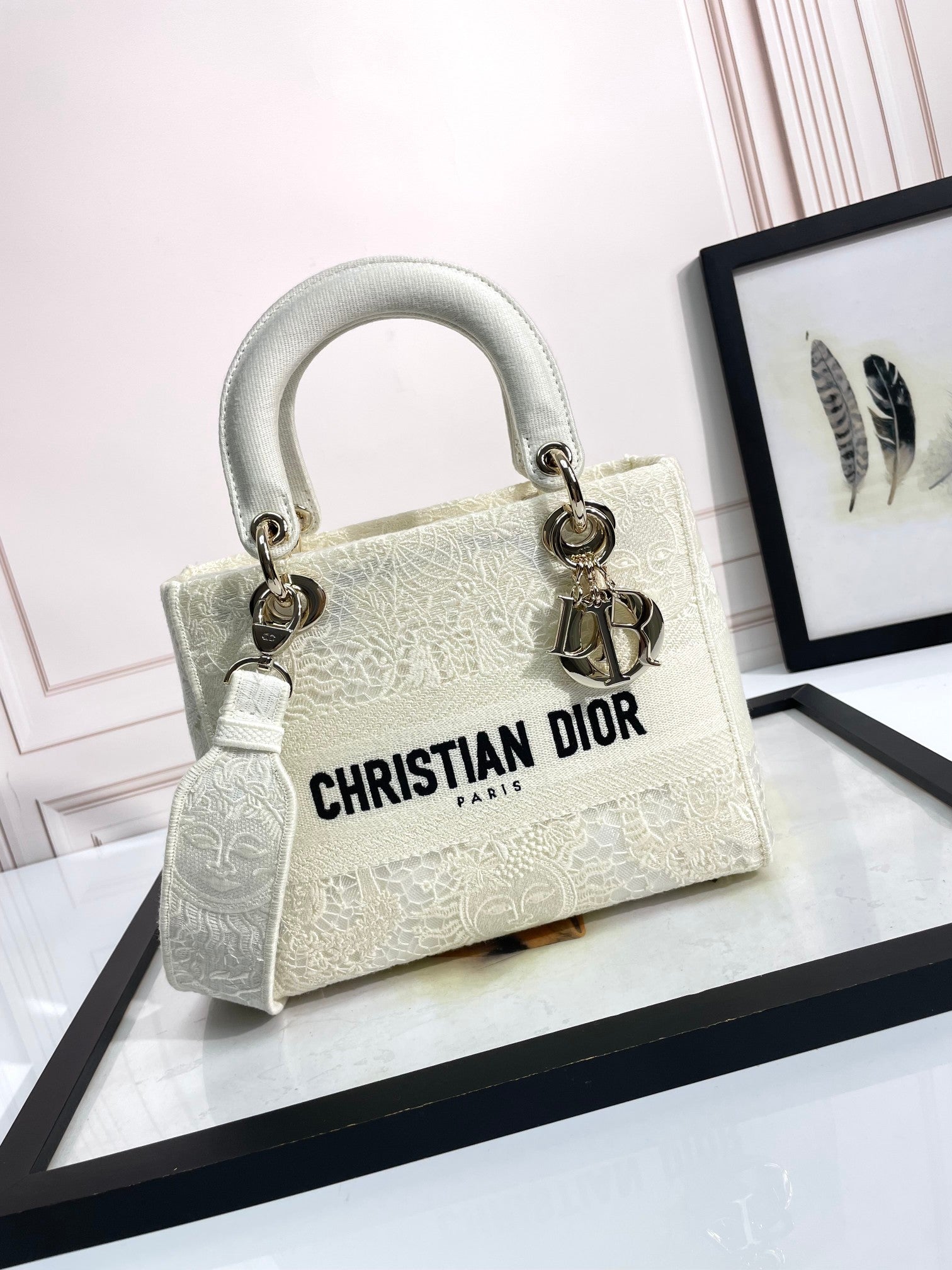 Dior Elegant White Canvas Top Handle Handbag with Detachable Shoulder Strap