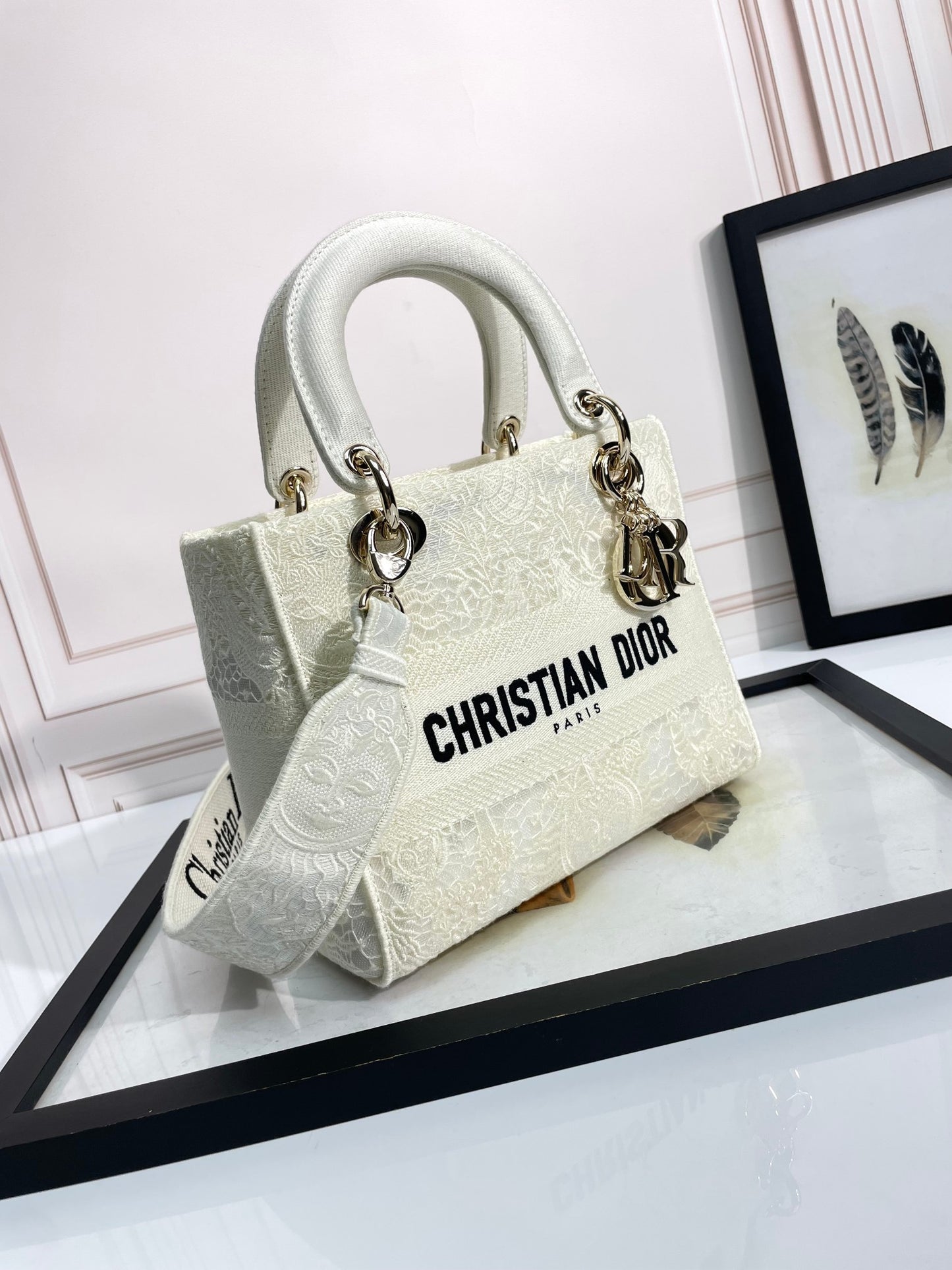 Christian Dior Lady D-Lite Medium Handbag - White Dior Oblique Canvas