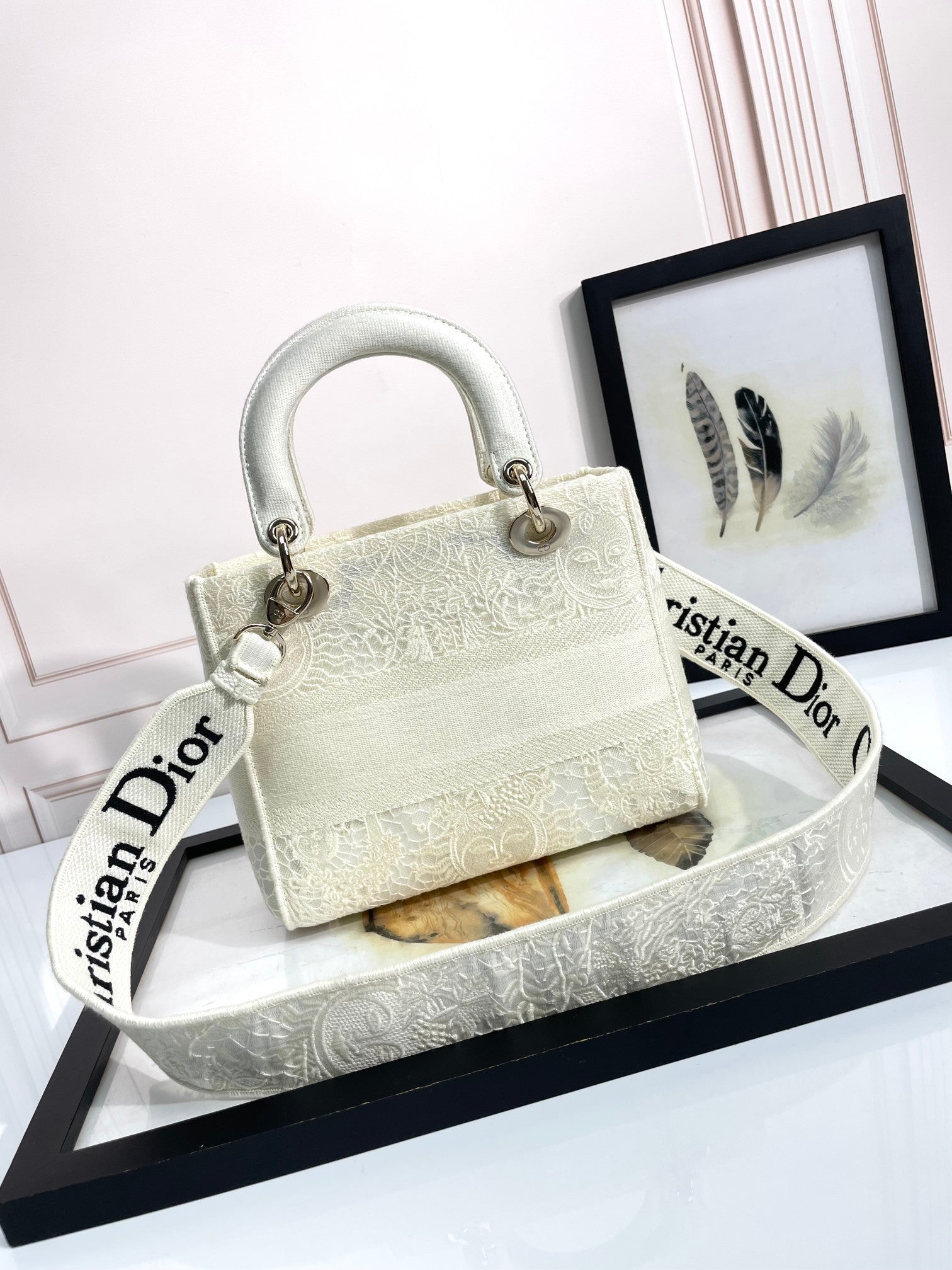 Dior Elegant White Canvas Top Handle Handbag with Detachable Shoulder Strap