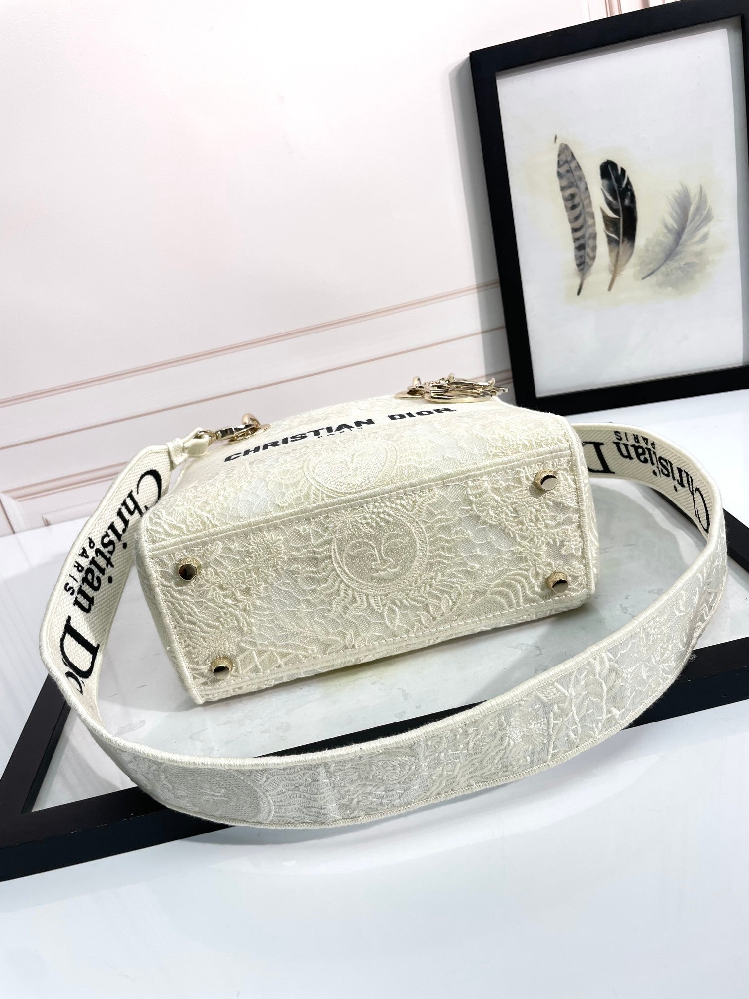 Christian Dior Lady D-Lite Medium Bag - White Embroidered Canvas with Signature Logo
