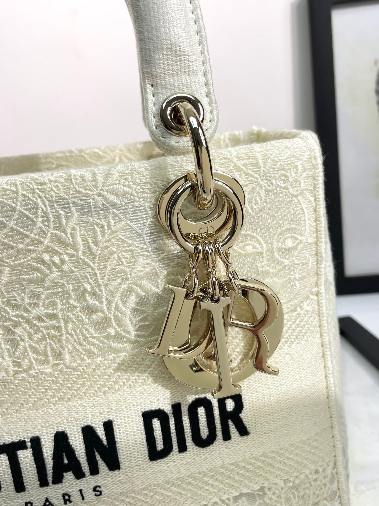 Dior Elegant White Canvas Top Handle Handbag with Detachable Shoulder Strap